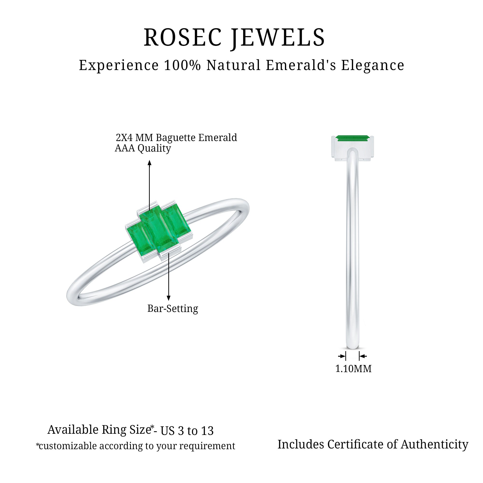 Baguette Cut Natural Emerald Three Stone Ring AAA - Rosec Jewels