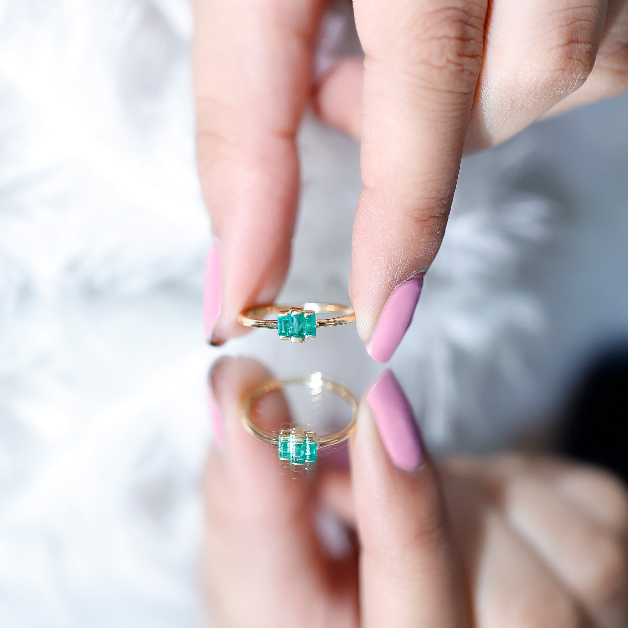 Baguette Cut Natural Emerald Three Stone Ring AAA - Rosec Jewels