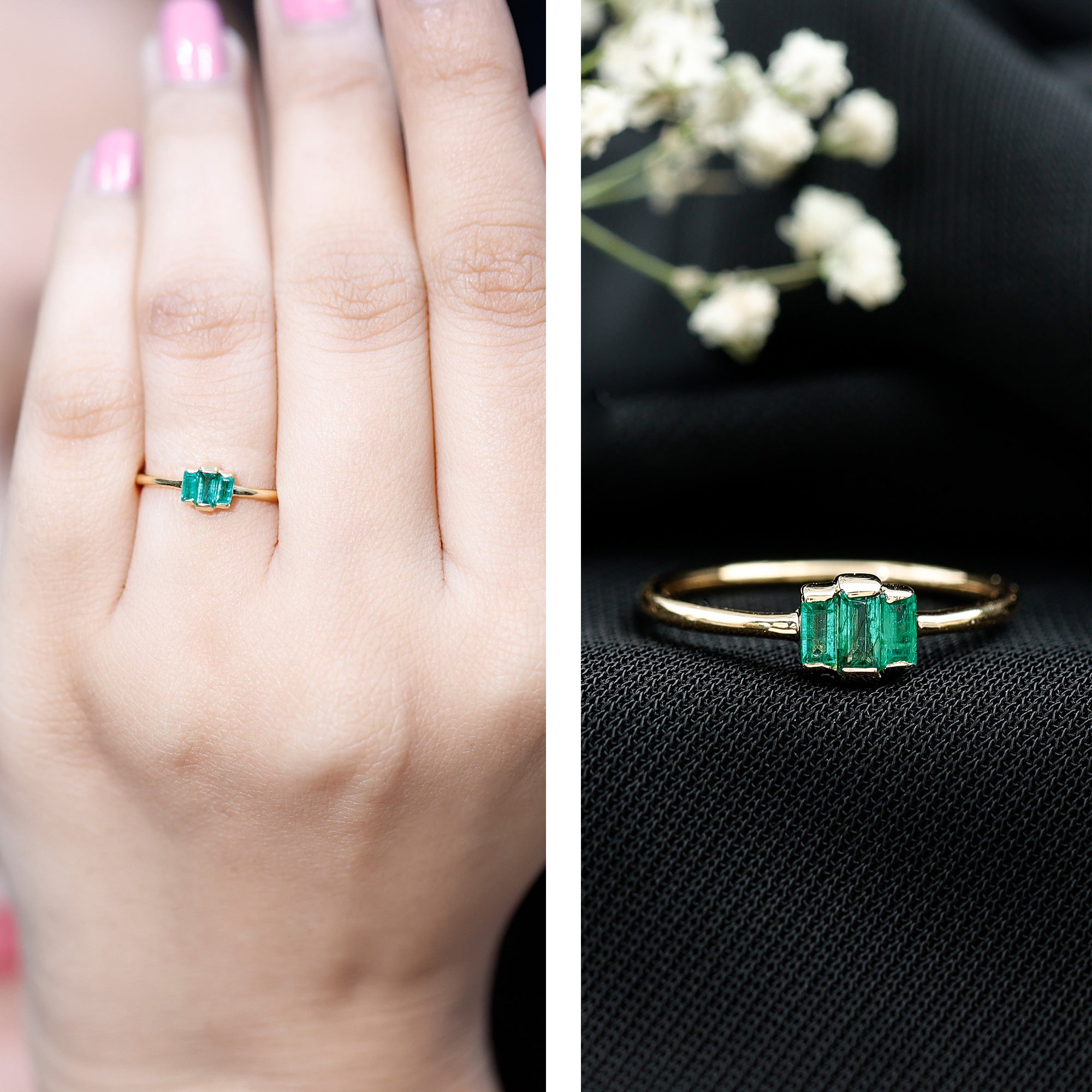 Baguette Cut Natural Emerald Three Stone Ring AAA - Rosec Jewels
