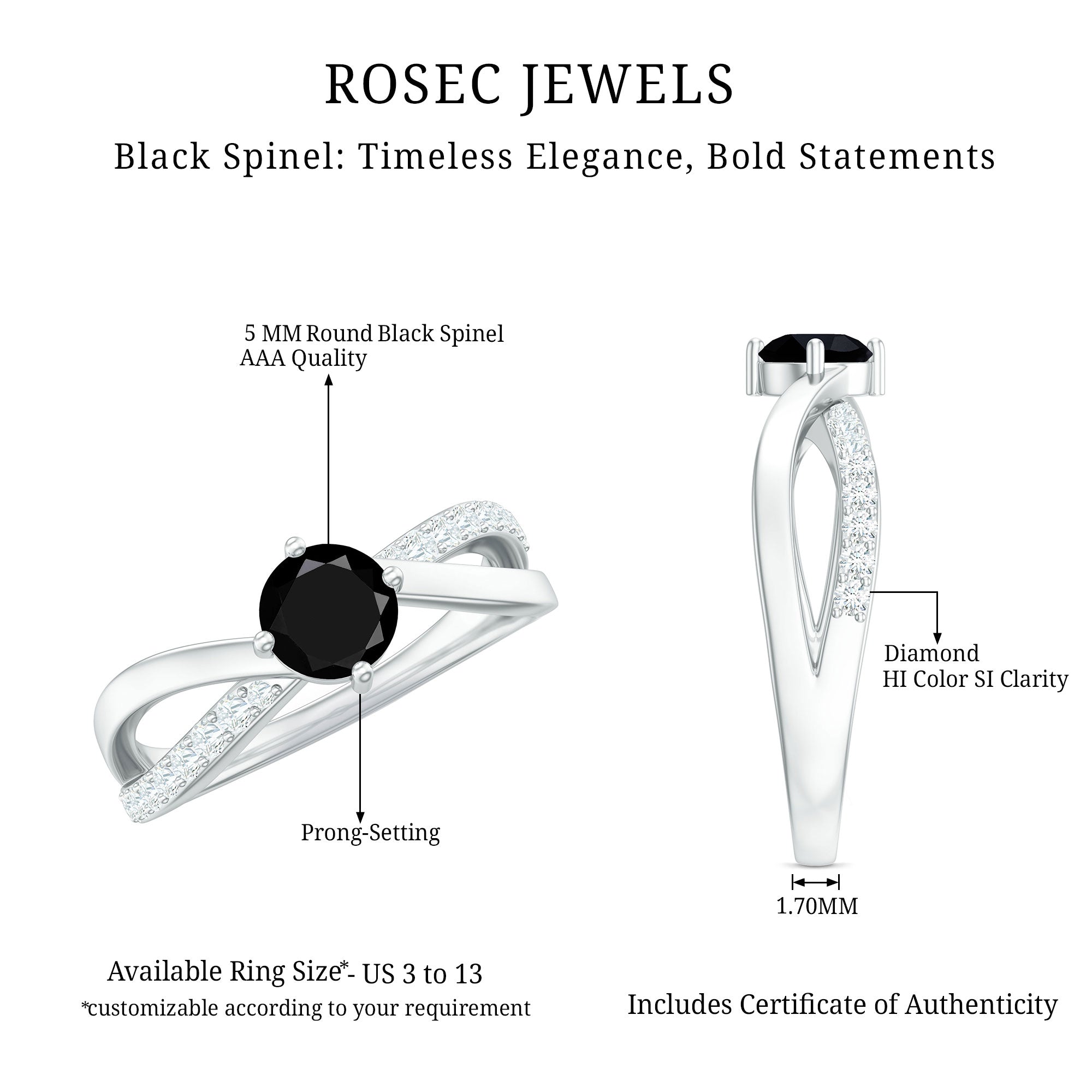 Certified Real Black Spinel Promise Ring with Diamond AAA - Rosec Jewels