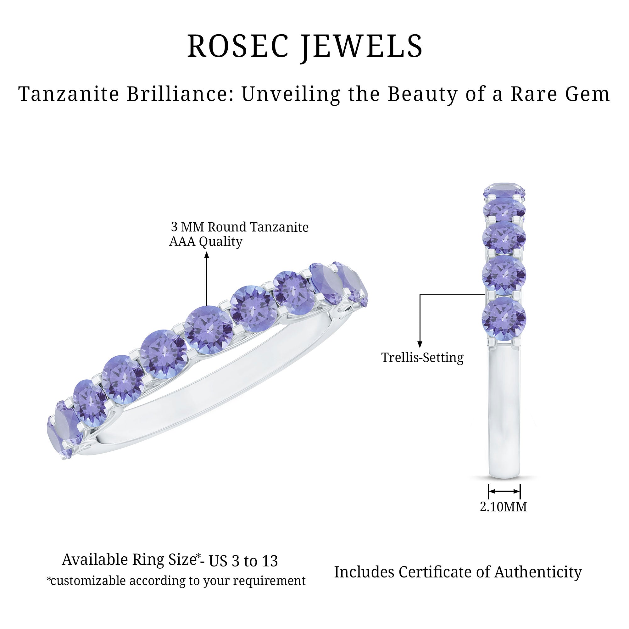 Trellis Set Round Tanzanite Half Eternity Band Ring AAA - Rosec Jewels