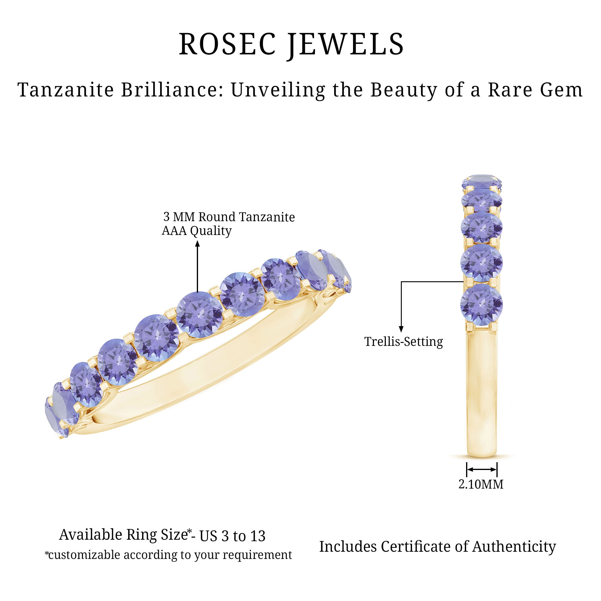 Trellis Set Round Tanzanite Half Eternity Band Ring AAA - Rosec Jewels