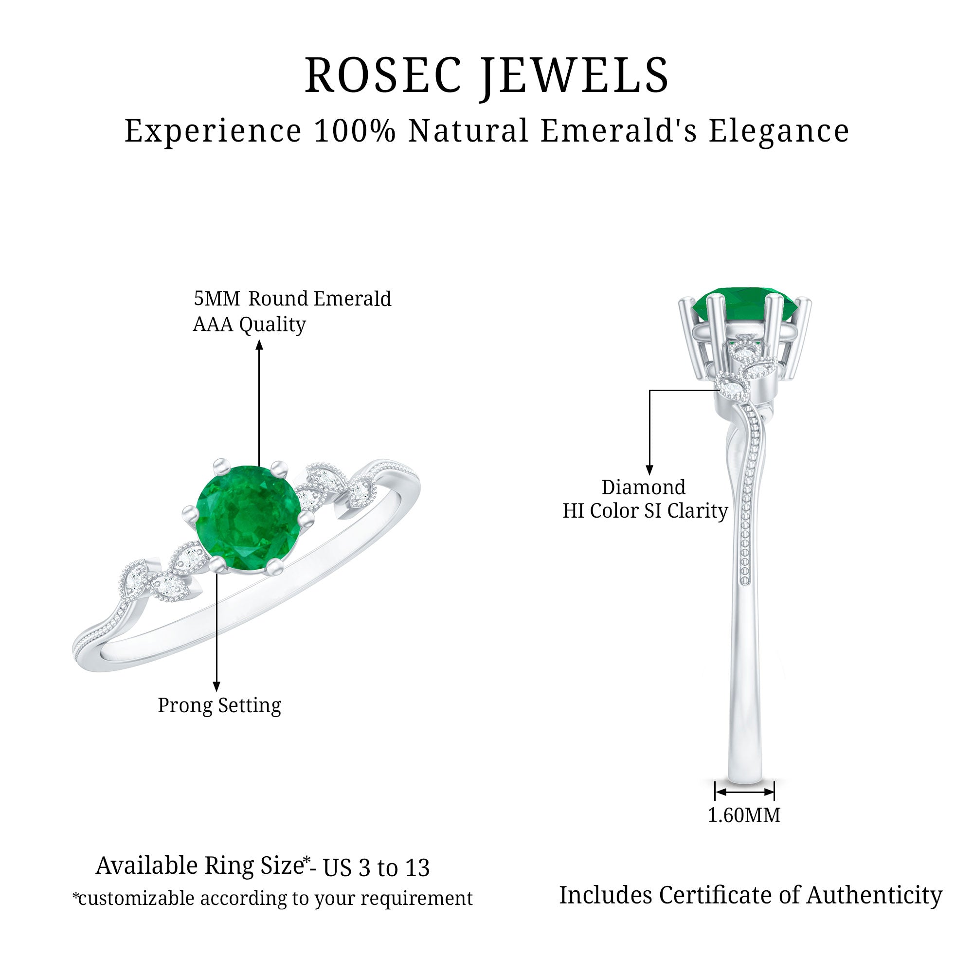Natural Emerald and Diamond Leaf Promise Ring AAA - Rosec Jewels
