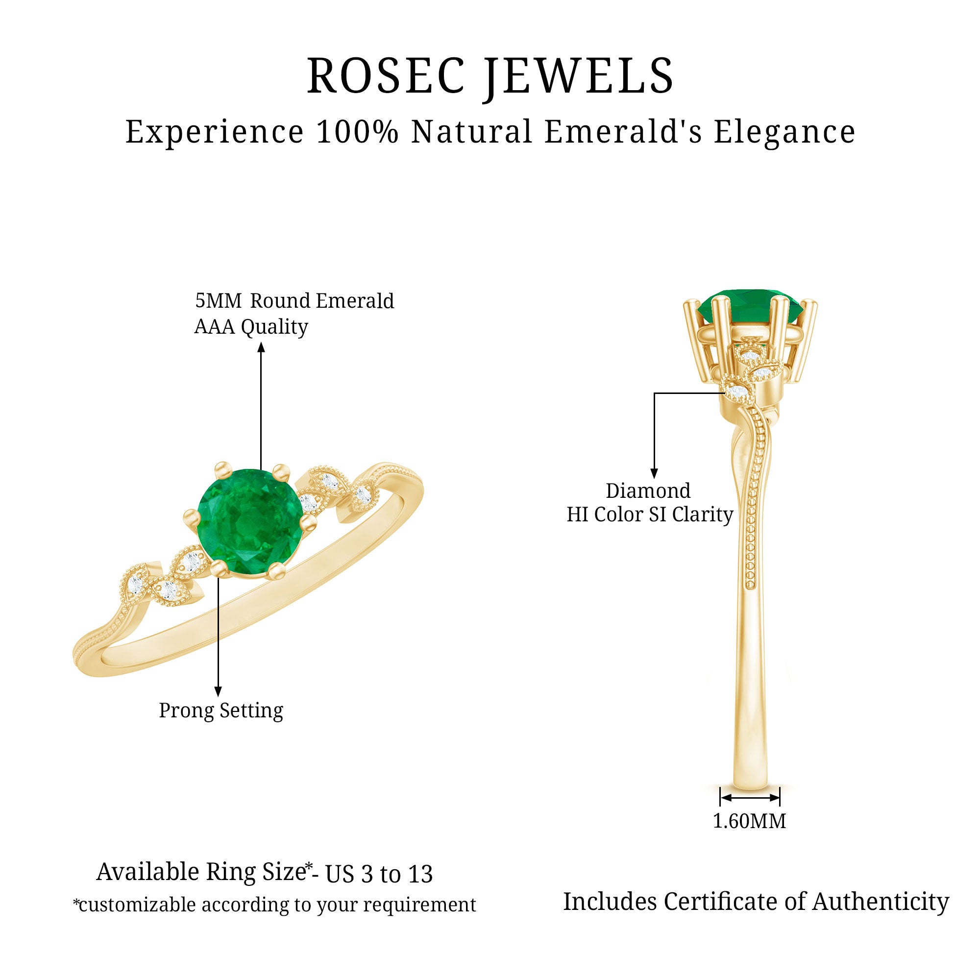 Natural Emerald and Diamond Leaf Promise Ring AAA - Rosec Jewels