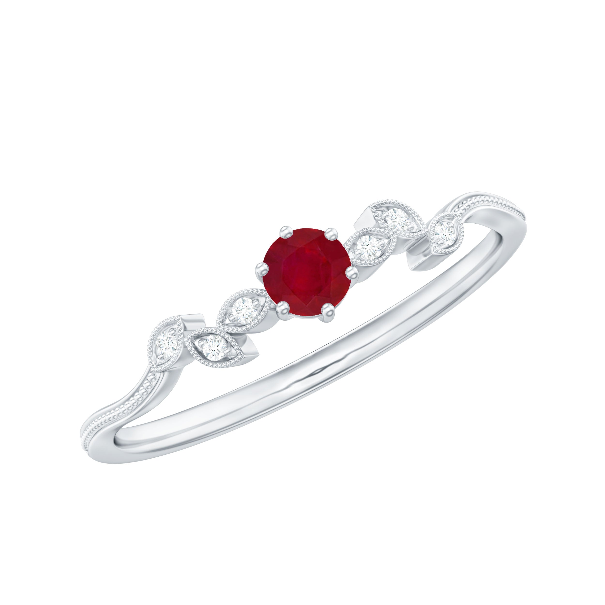 Leaf Inspired Ruby Solitaire Promise Ring with Diamond