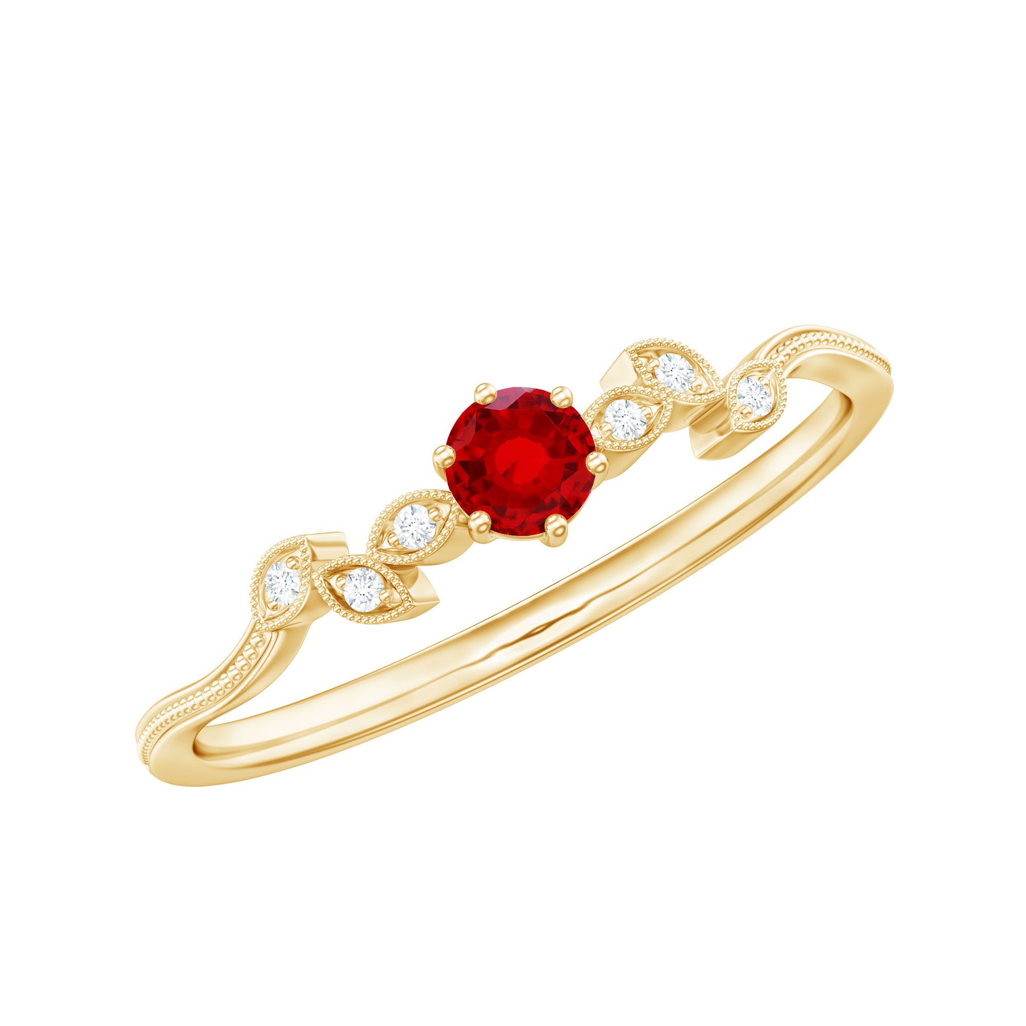 Lab Created Ruby and Diamond Leaf Promise Ring AAAA - Rosec Jewels