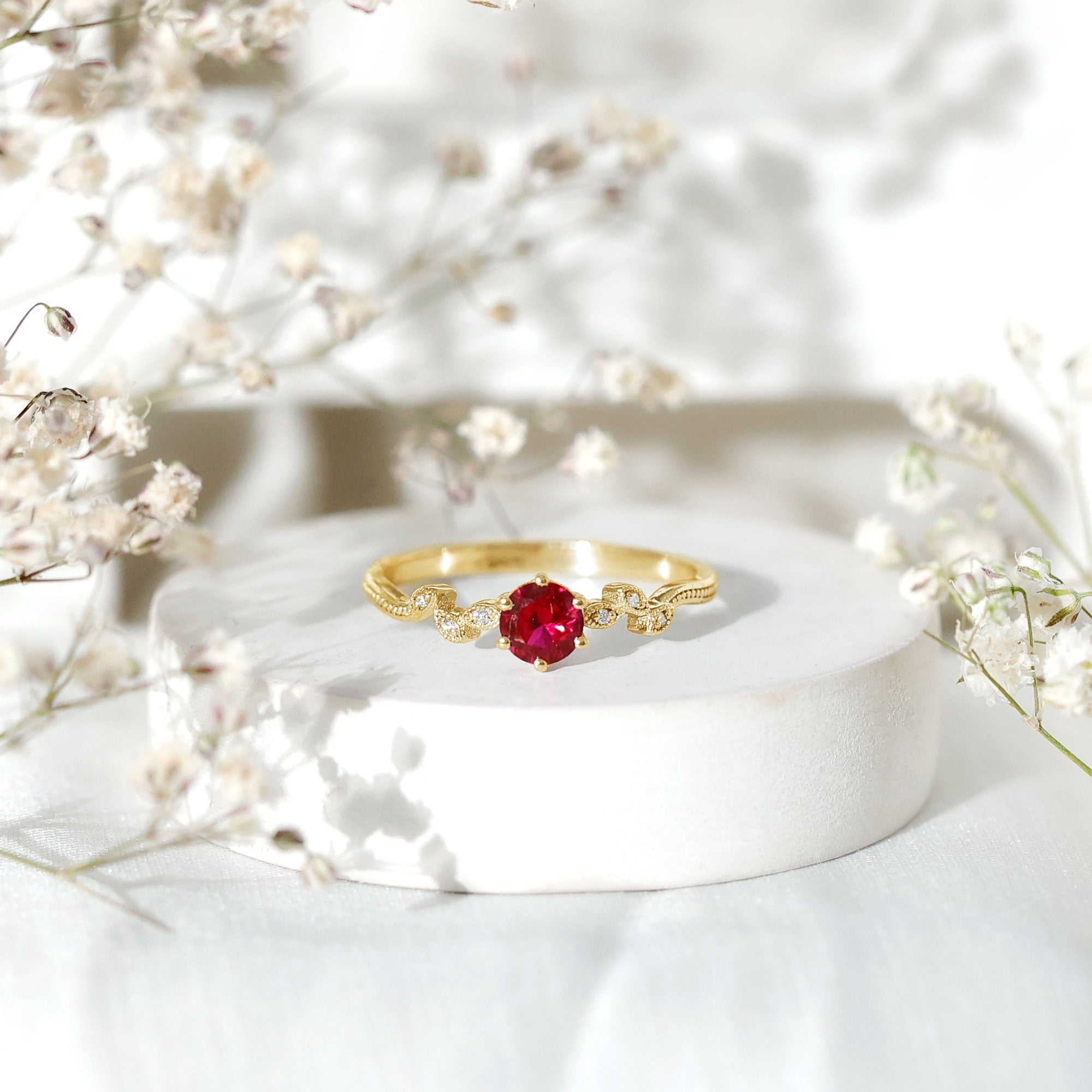 Rosec Jewels-Lab Created Ruby and Diamond Leaf Promise Ring