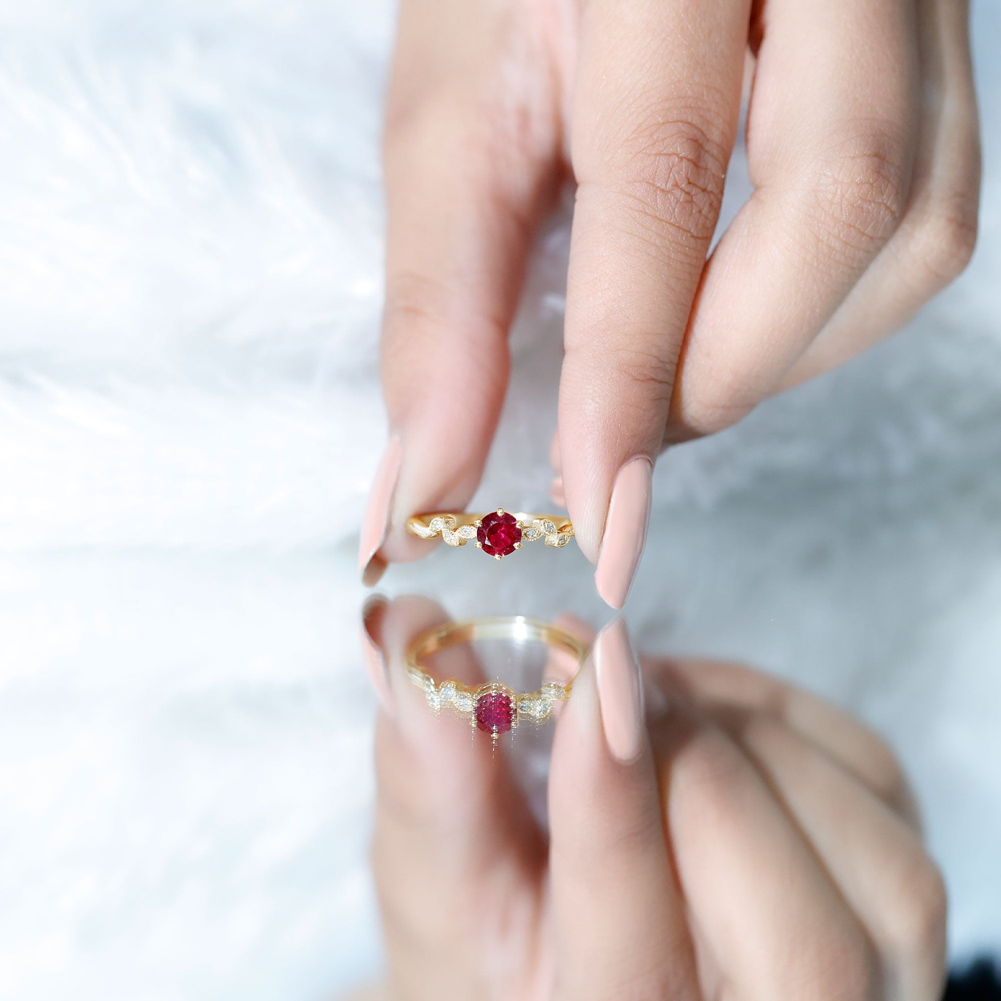 Rosec Jewels-Lab Created Ruby and Diamond Leaf Promise Ring