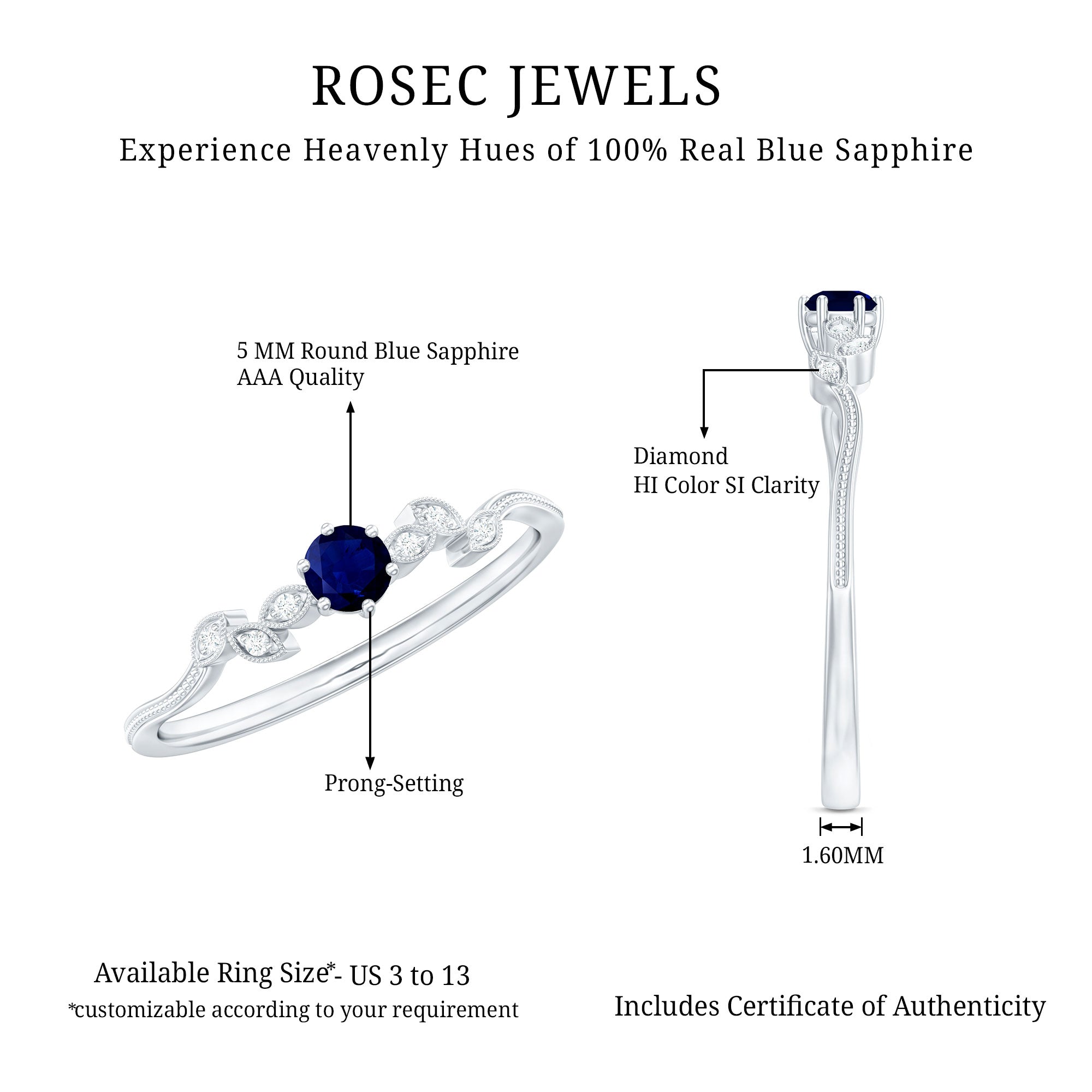 Rosec Jewels-Real Blue Sapphire and Diamond Leaf Inspired Promise Ring