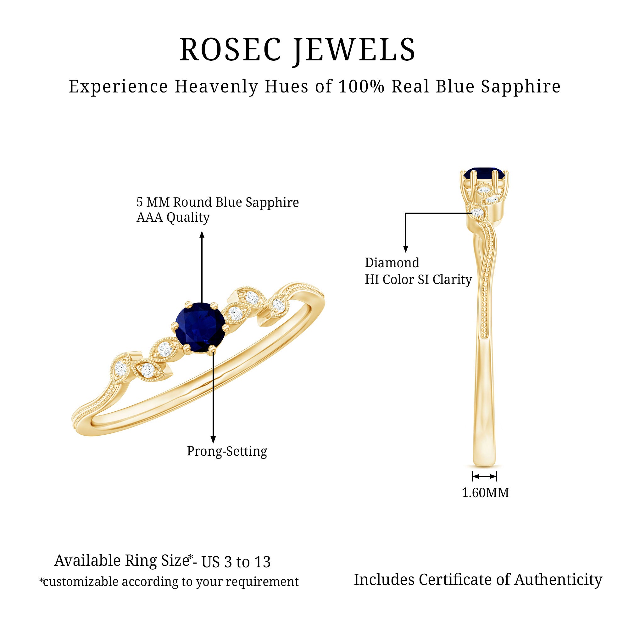 Rosec Jewels-Real Blue Sapphire and Diamond Leaf Inspired Promise Ring