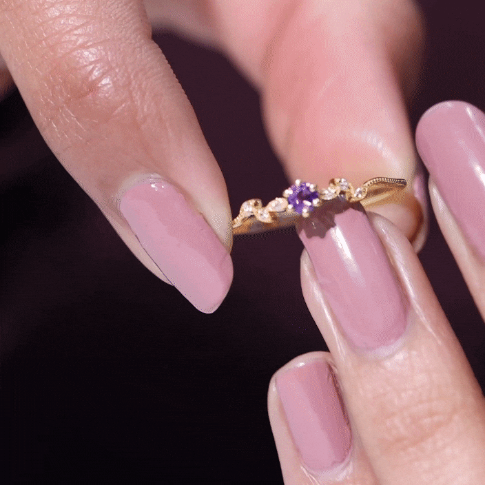 Amethyst and Diamond Leaf Promise Ring with Beaded Detailing AAA - Rosec Jewels