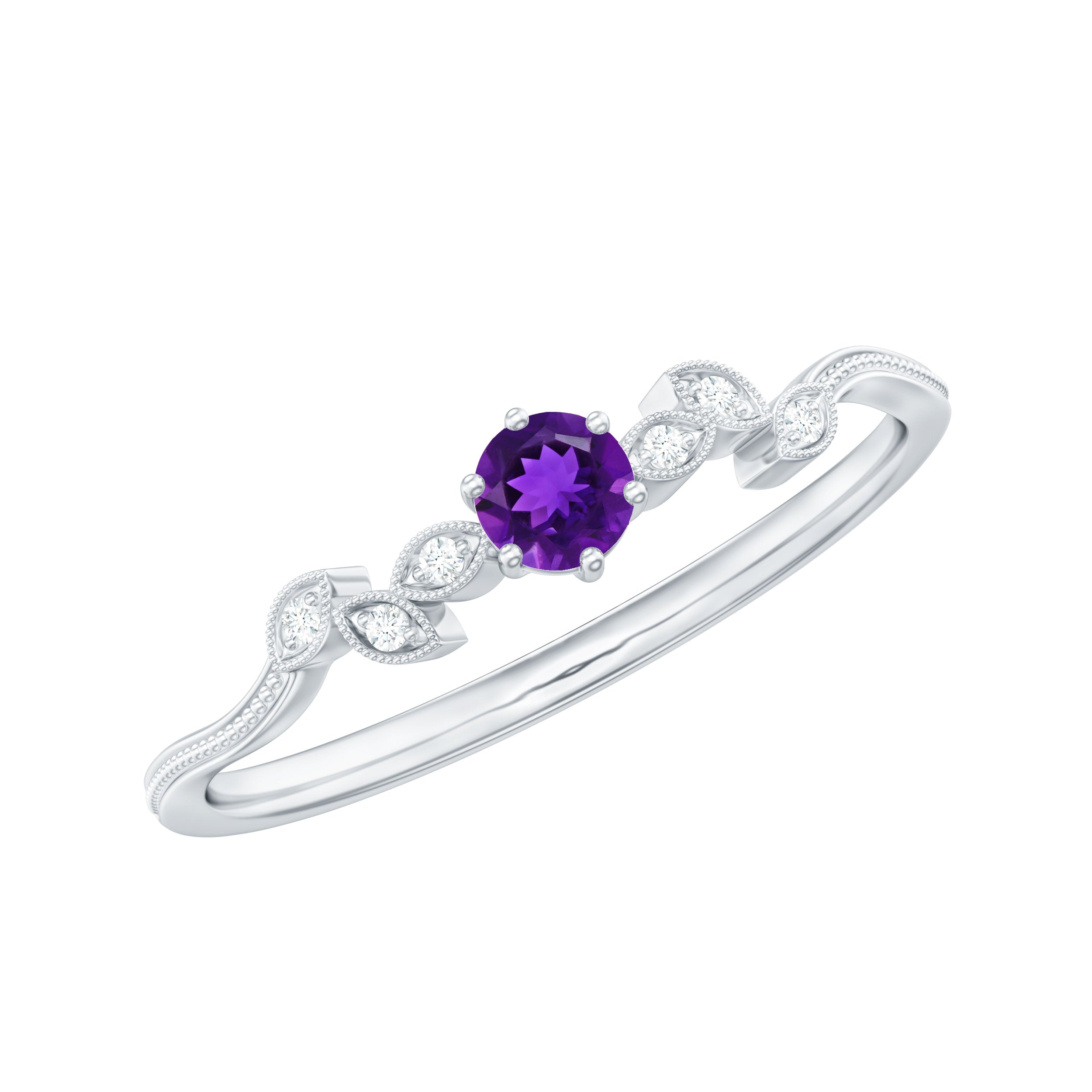 Amethyst and Diamond Leaf Promise Ring with Beaded Detailing AAA - Rosec Jewels