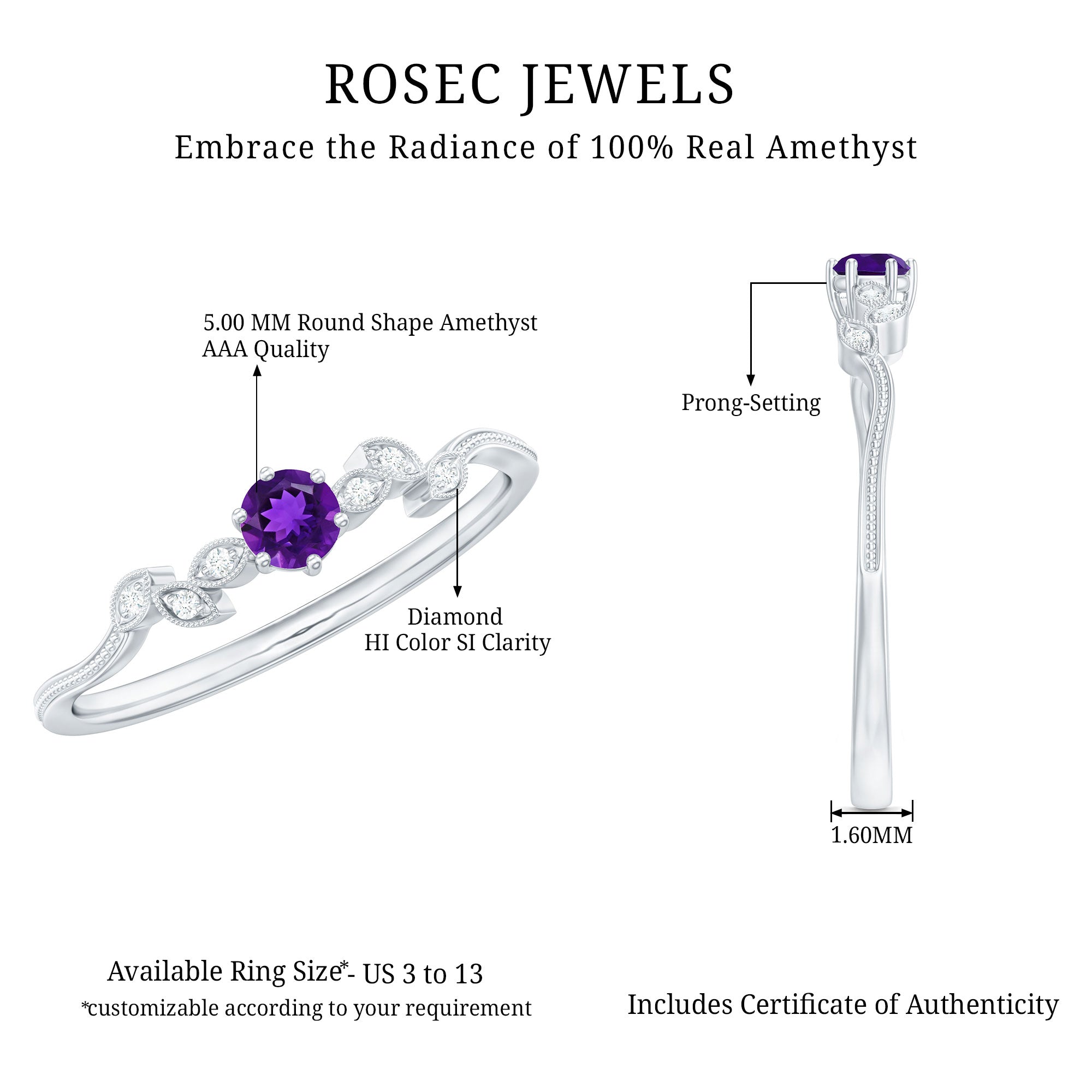 Amethyst and Diamond Leaf Promise Ring with Beaded Detailing AAA - Rosec Jewels