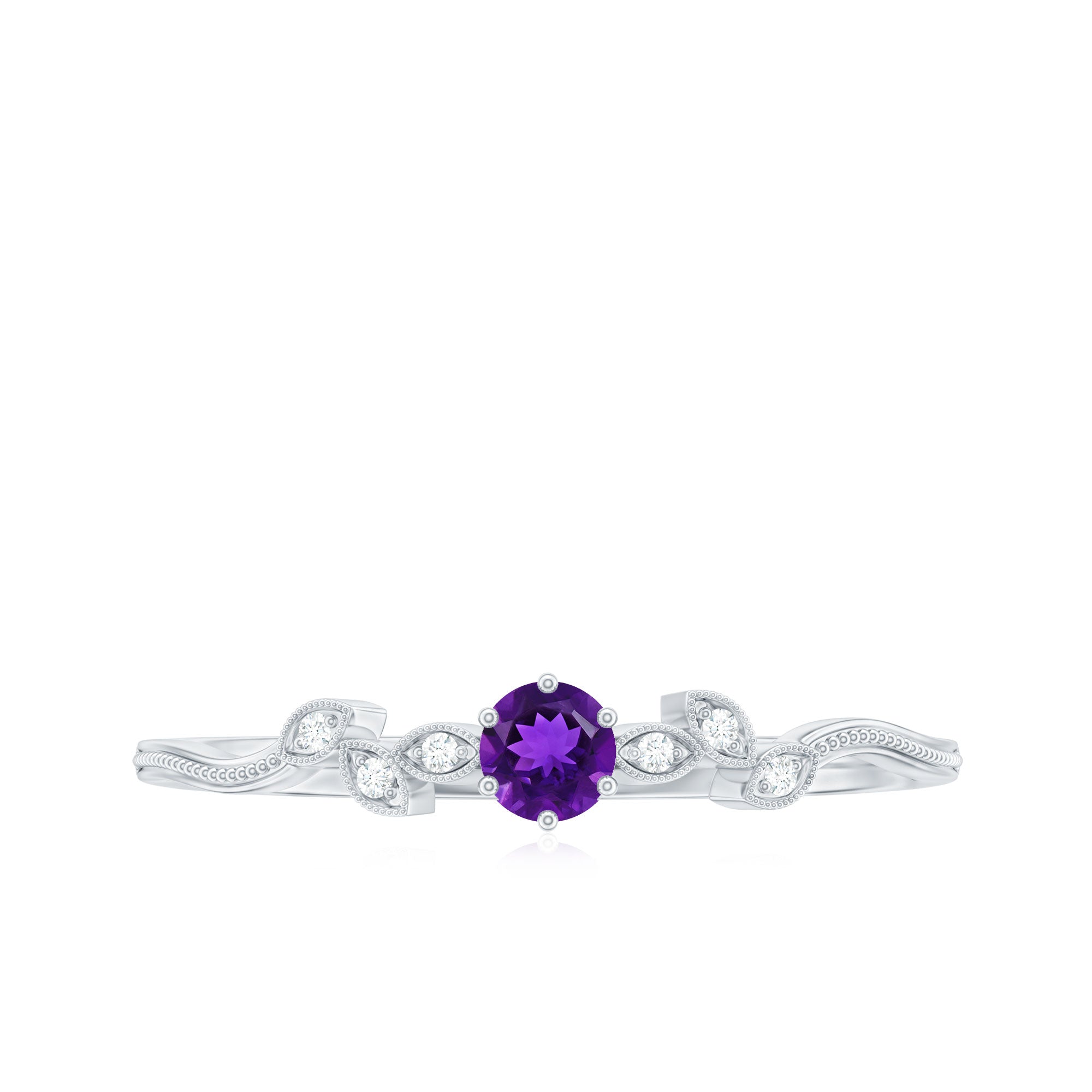 Amethyst and Diamond Leaf Promise Ring with Beaded Detailing AAA - Rosec Jewels