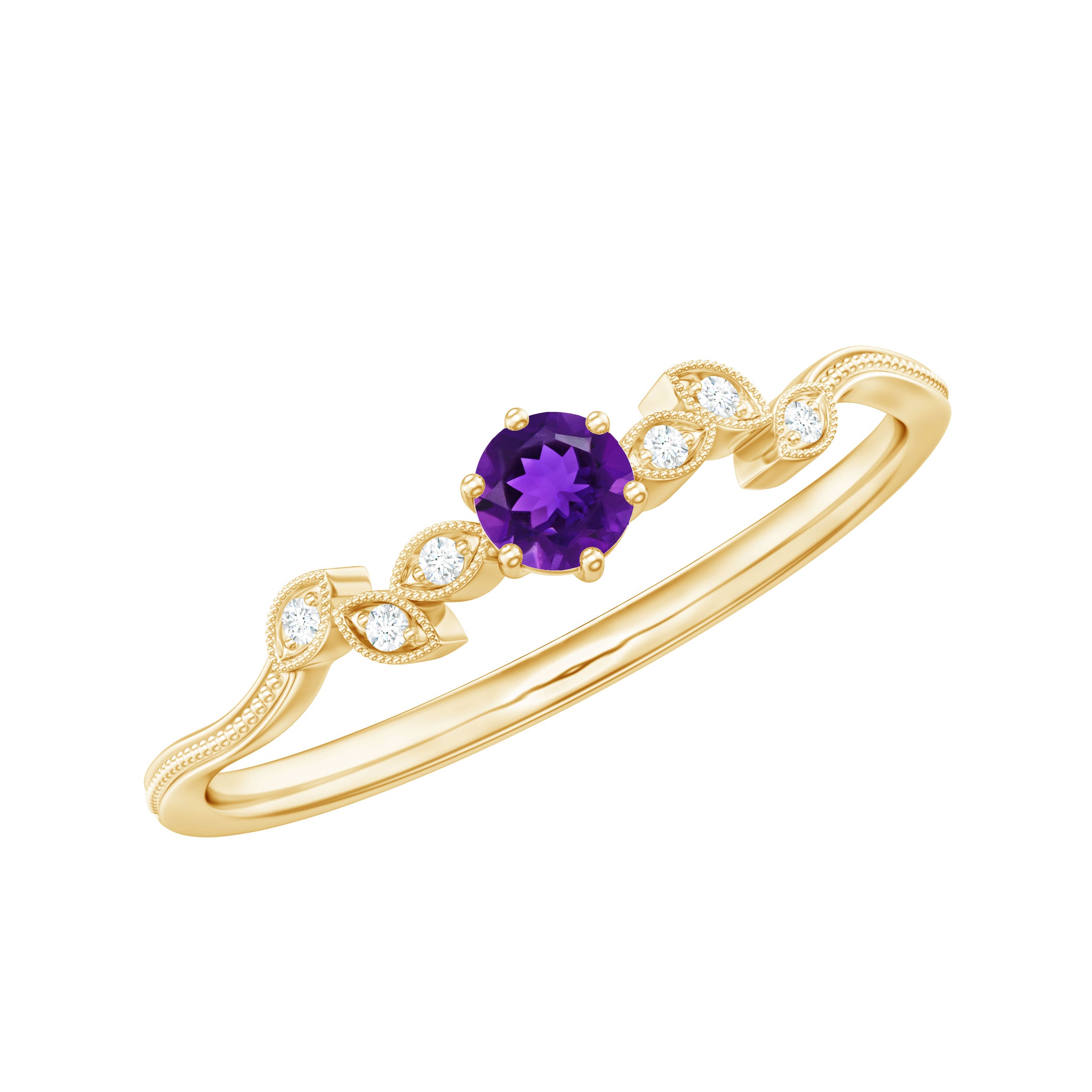 Amethyst and Diamond Leaf Promise Ring with Beaded Detailing AAA - Rosec Jewels