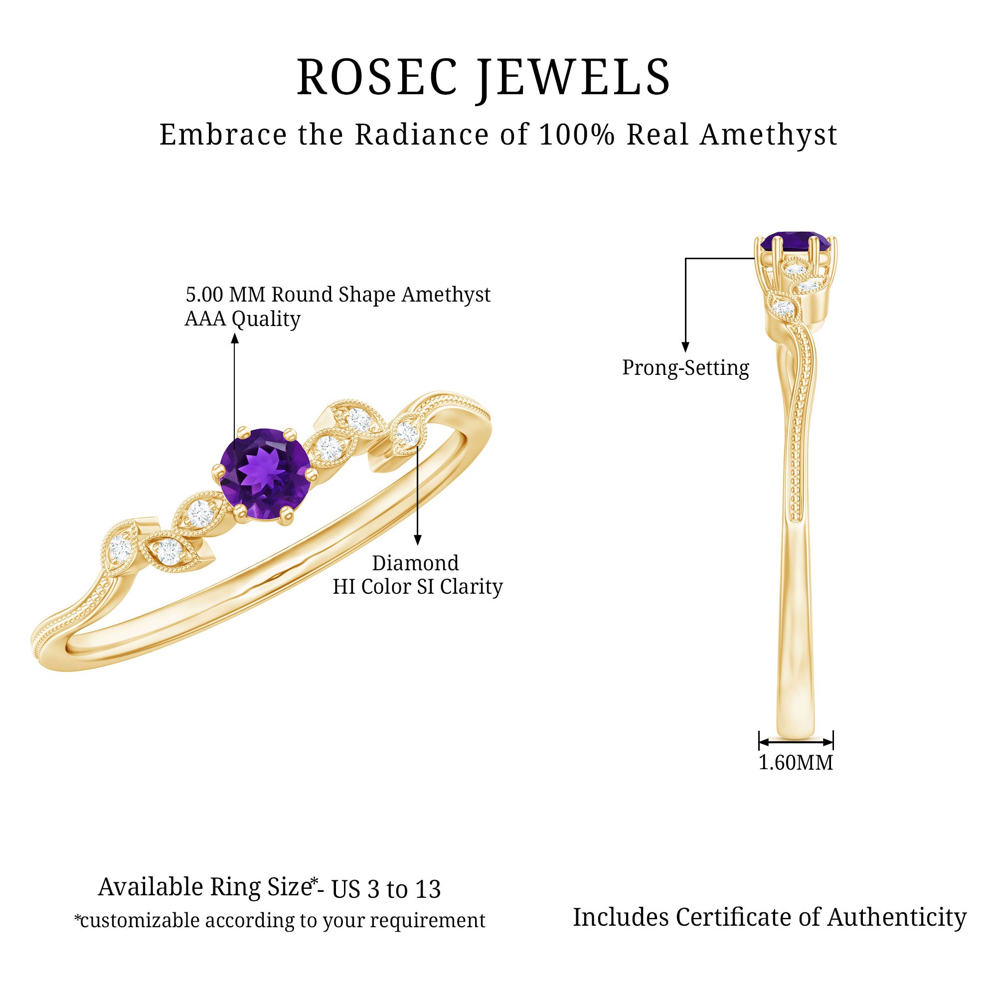 Amethyst and Diamond Leaf Promise Ring with Beaded Detailing AAA - Rosec Jewels