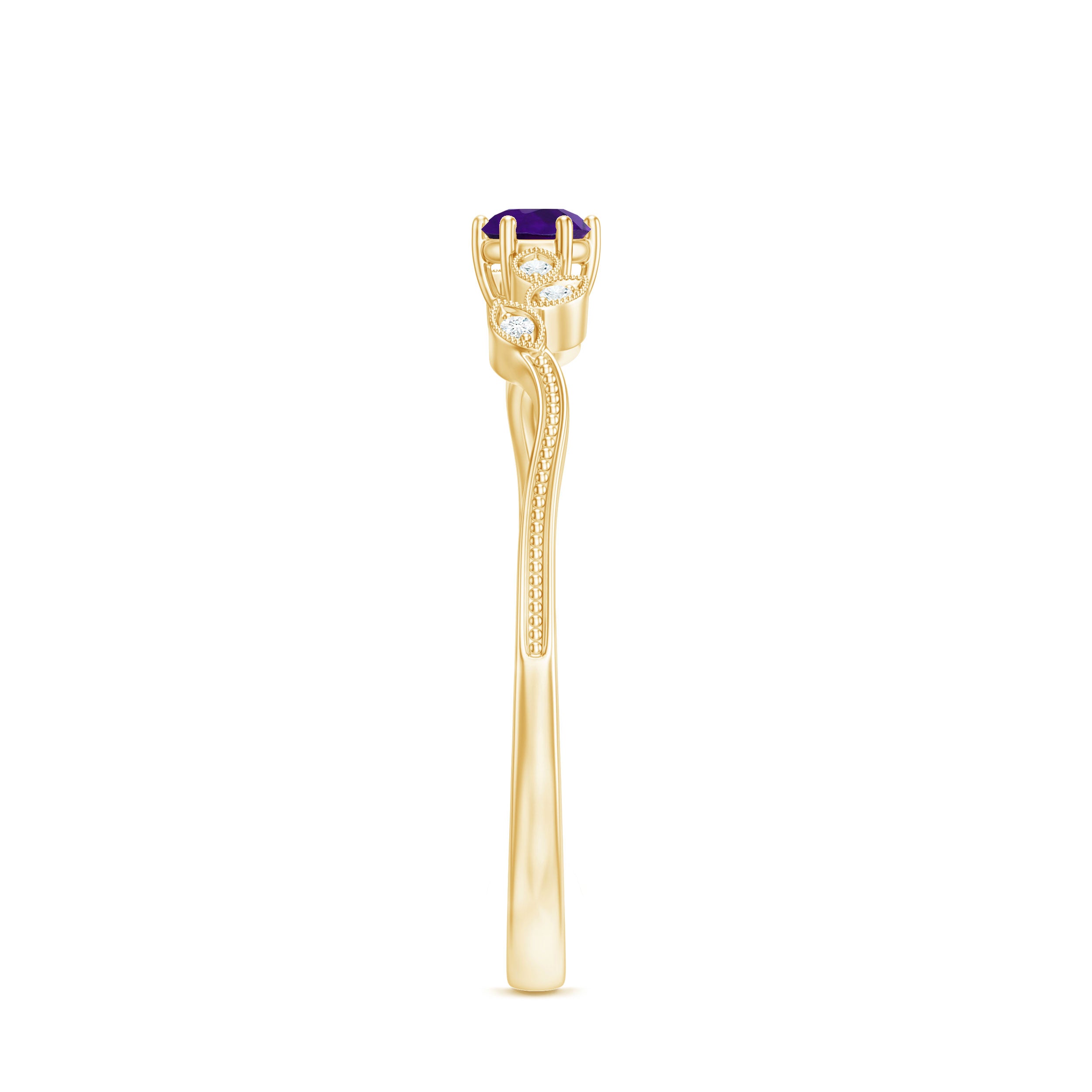Amethyst and Diamond Leaf Promise Ring with Beaded Detailing AAA - Rosec Jewels