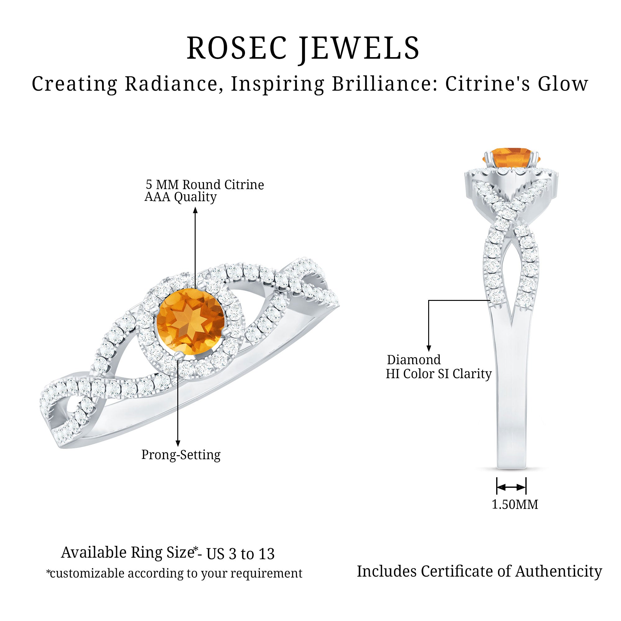 Natural Citrine Diamond Engagement Ring with Criss Cross Shank AAA - Rosec Jewels