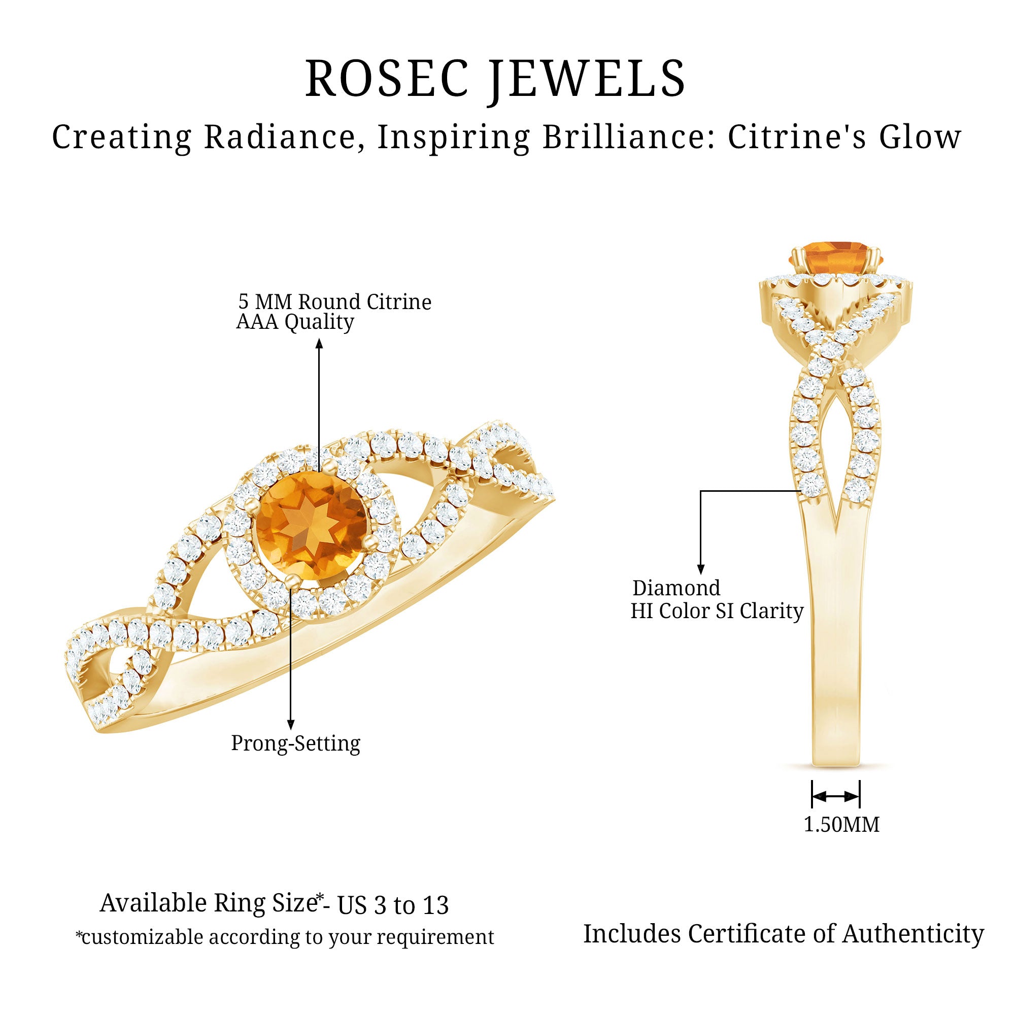 Natural Citrine Diamond Engagement Ring with Criss Cross Shank AAA - Rosec Jewels