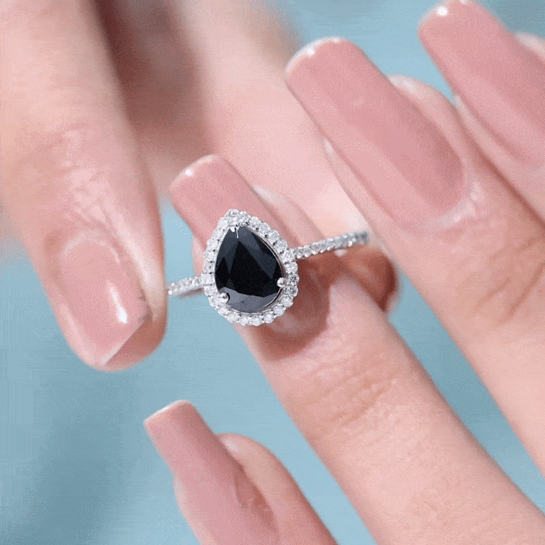 Natural Black Spinel Teardrop Engagement Ring with Diamond Halo AAA - Rosec Jewels
