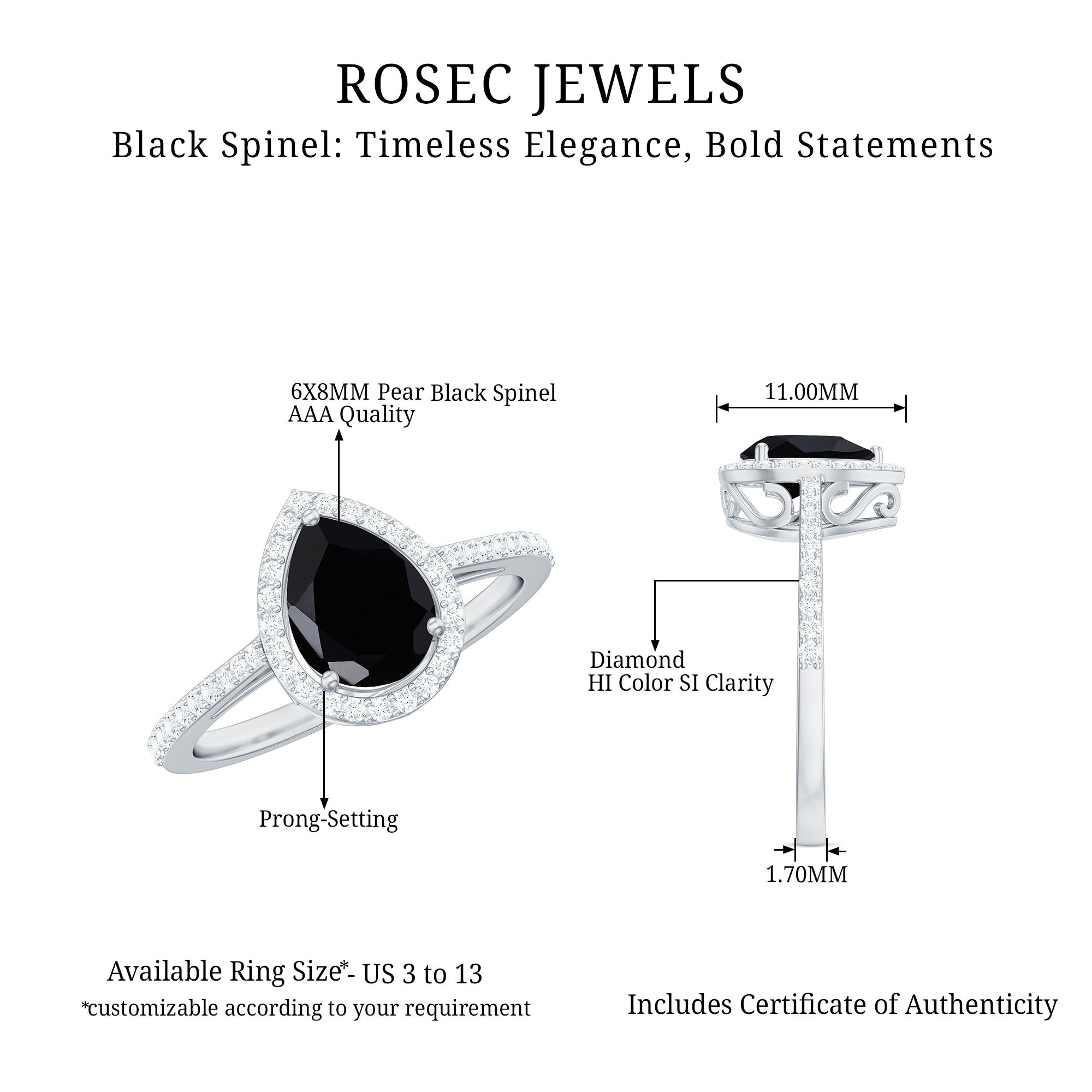 Natural Black Spinel Teardrop Engagement Ring with Diamond Halo AAA - Rosec Jewels