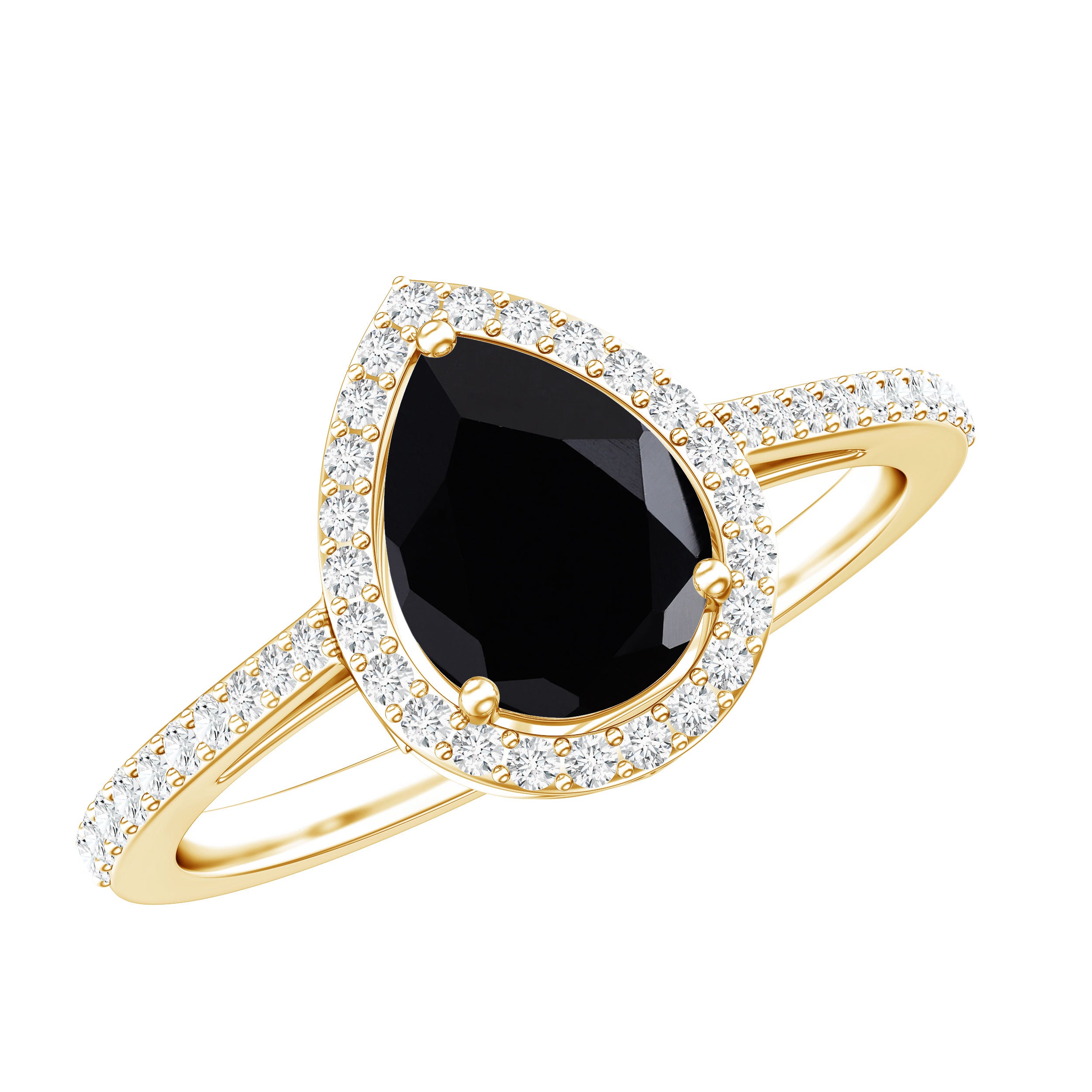 Natural Black Spinel Teardrop Engagement Ring with Diamond Halo AAA - Rosec Jewels