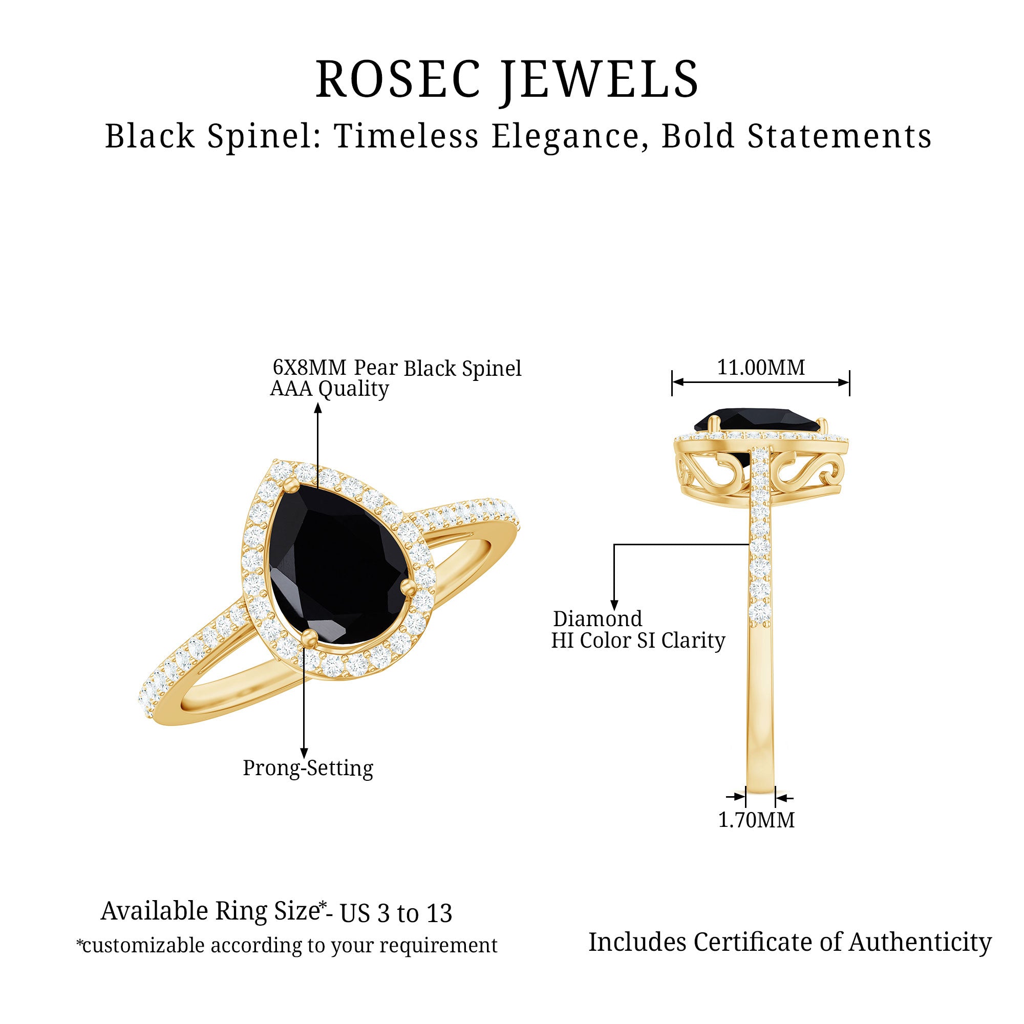 Natural Black Spinel Teardrop Engagement Ring with Diamond Halo AAA - Rosec Jewels
