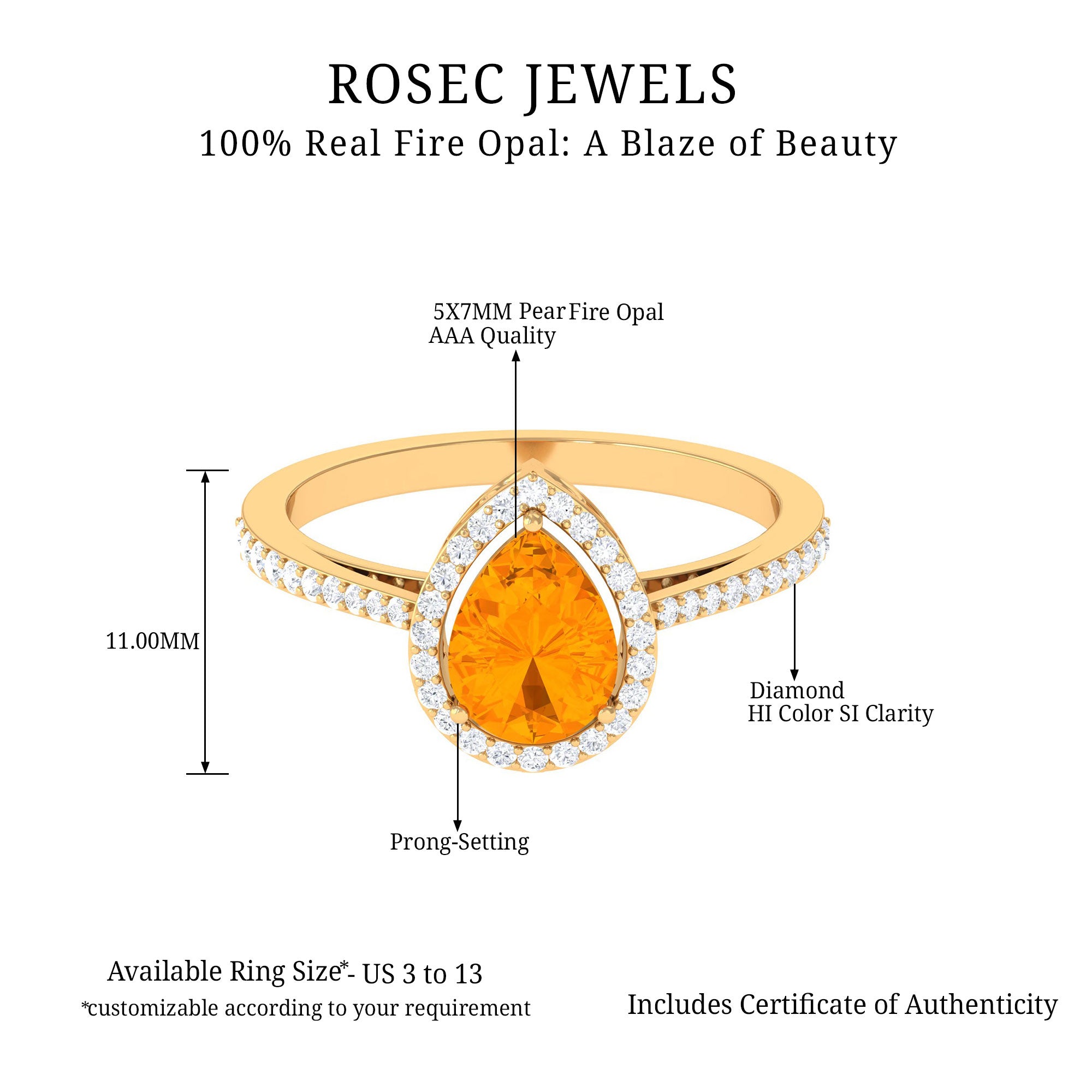 Rosec Jewels-Real 0.6 Carat Fire Opal Teardrop Engagement Ring with Diamond Halo