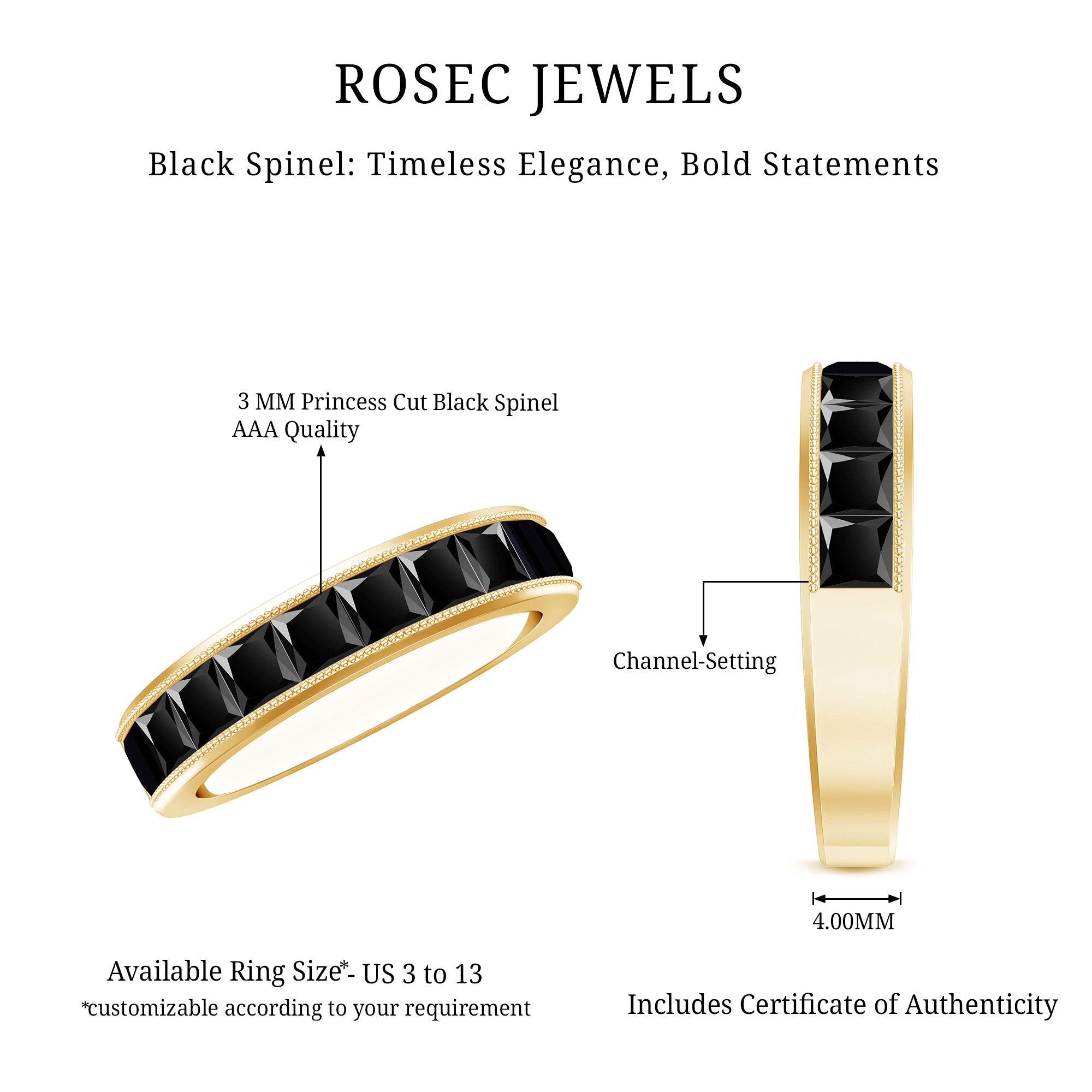 Princess Cut Black Spinel Half Eternity Band Ring AAA - Rosec Jewels