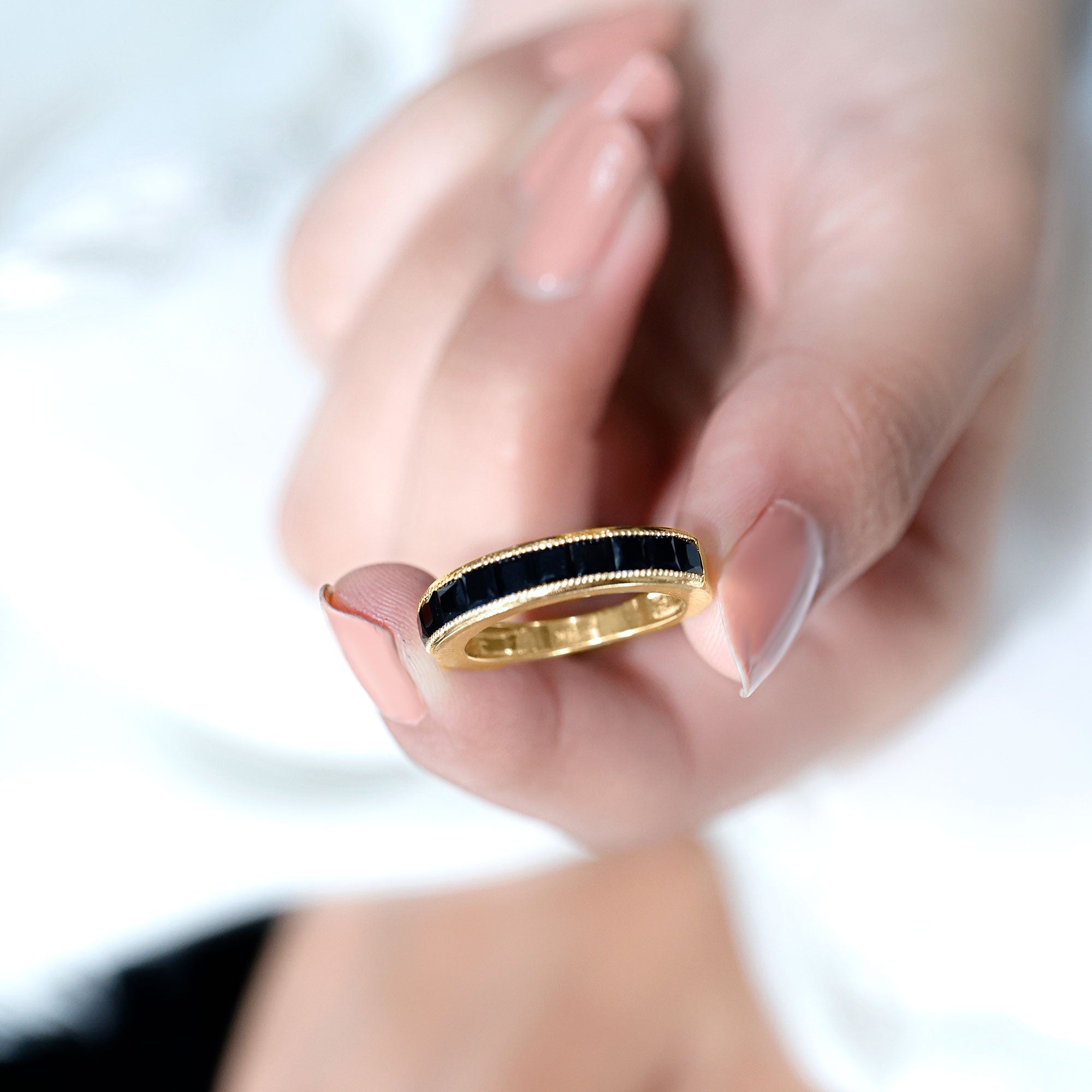 Princess Cut Black Spinel Half Eternity Band Ring AAA - Rosec Jewels