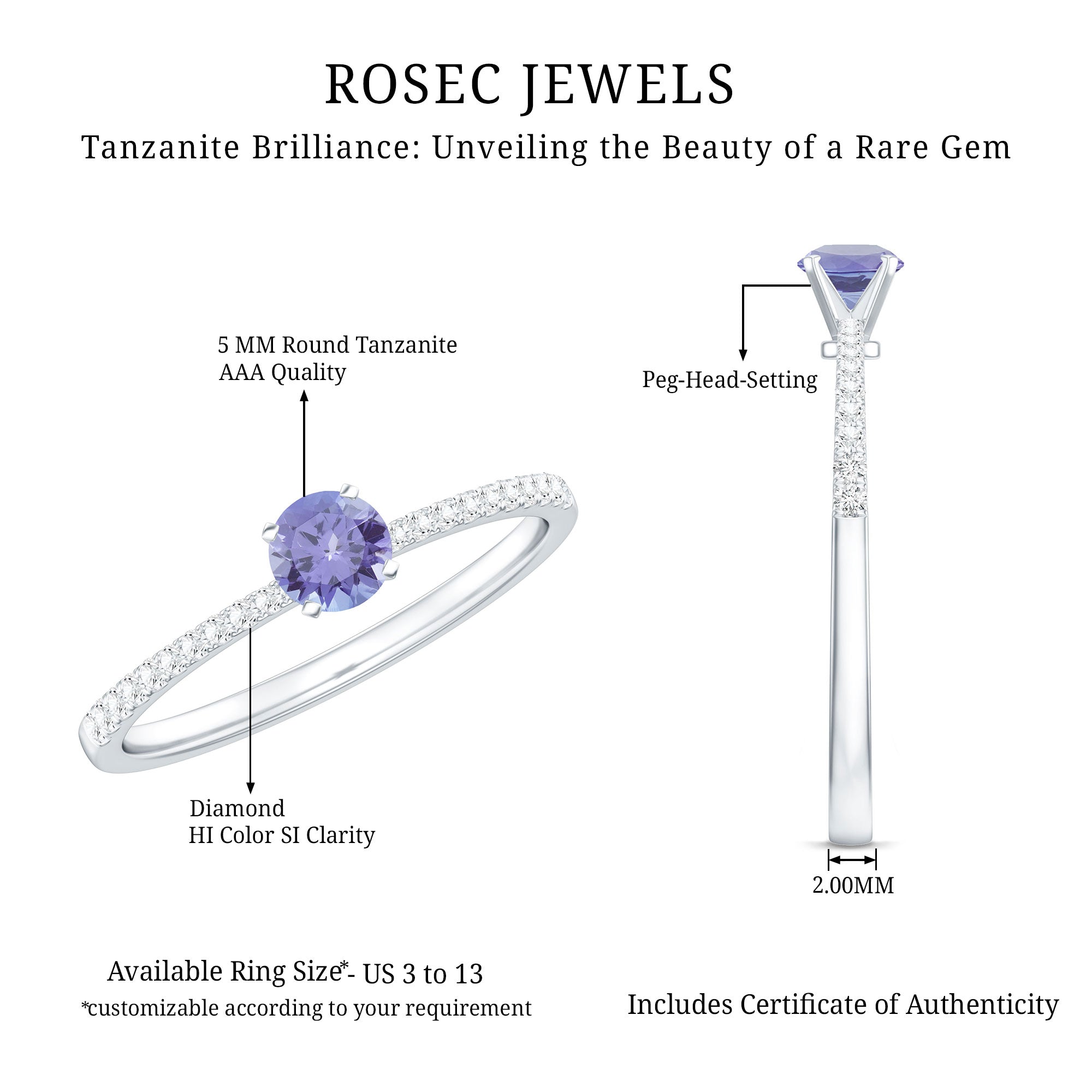 Minimal Tanzanite Diamond Promise Ring for Engagement AAA - Rosec Jewels