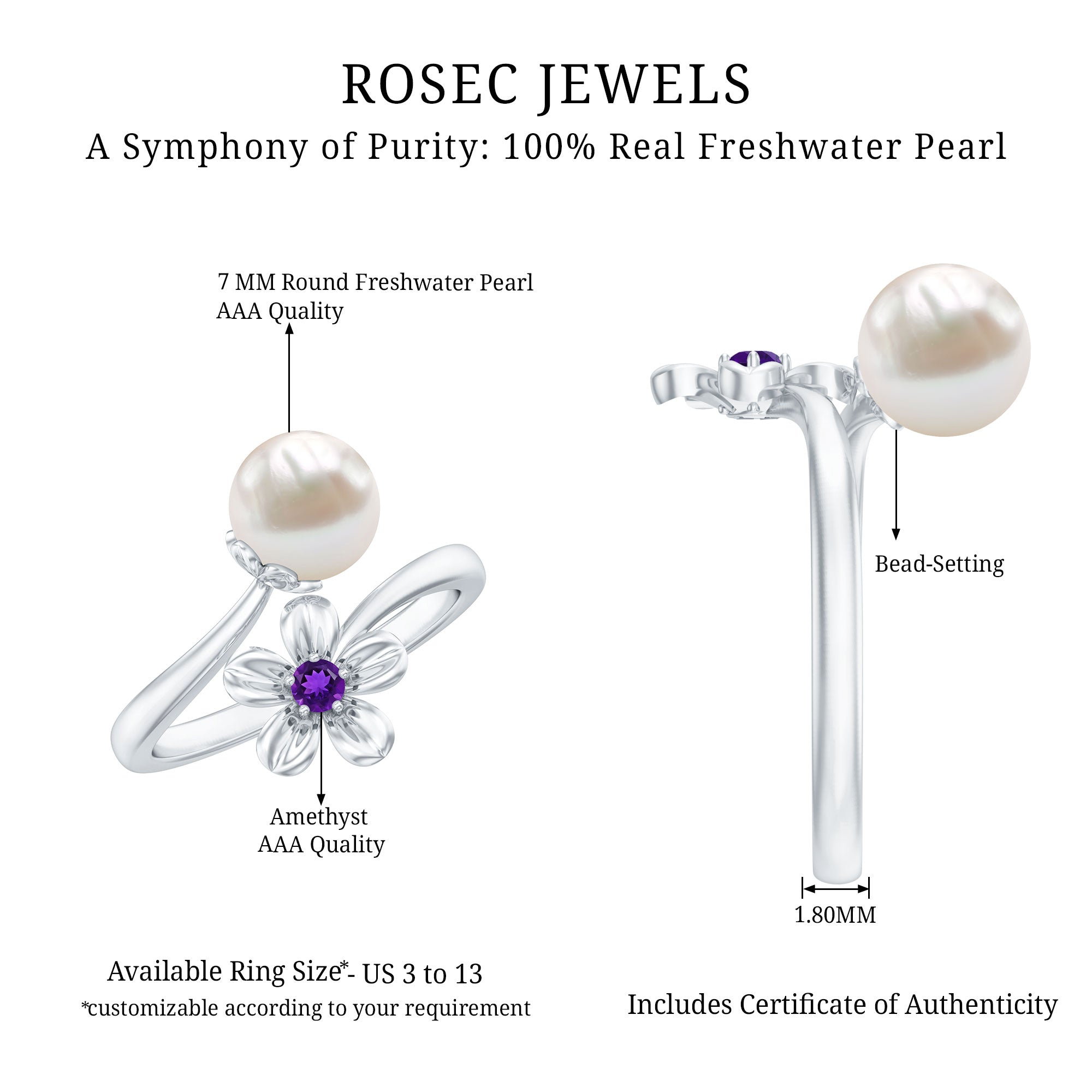 Cultured 3 Carat Freshwater Pearl Flower Ring with Amethyst AAA - Rosec Jewels