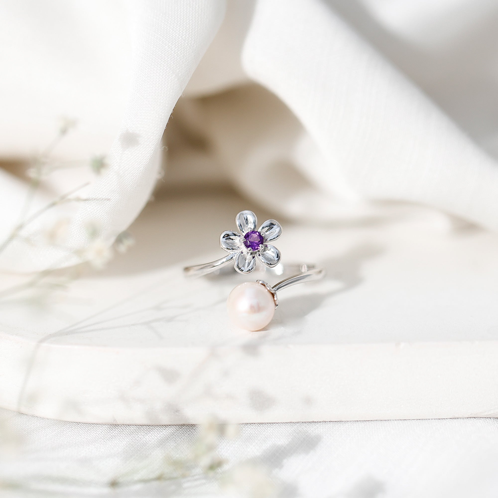 Cultured 3 Carat Freshwater Pearl Flower Ring with Amethyst AAA - Rosec Jewels