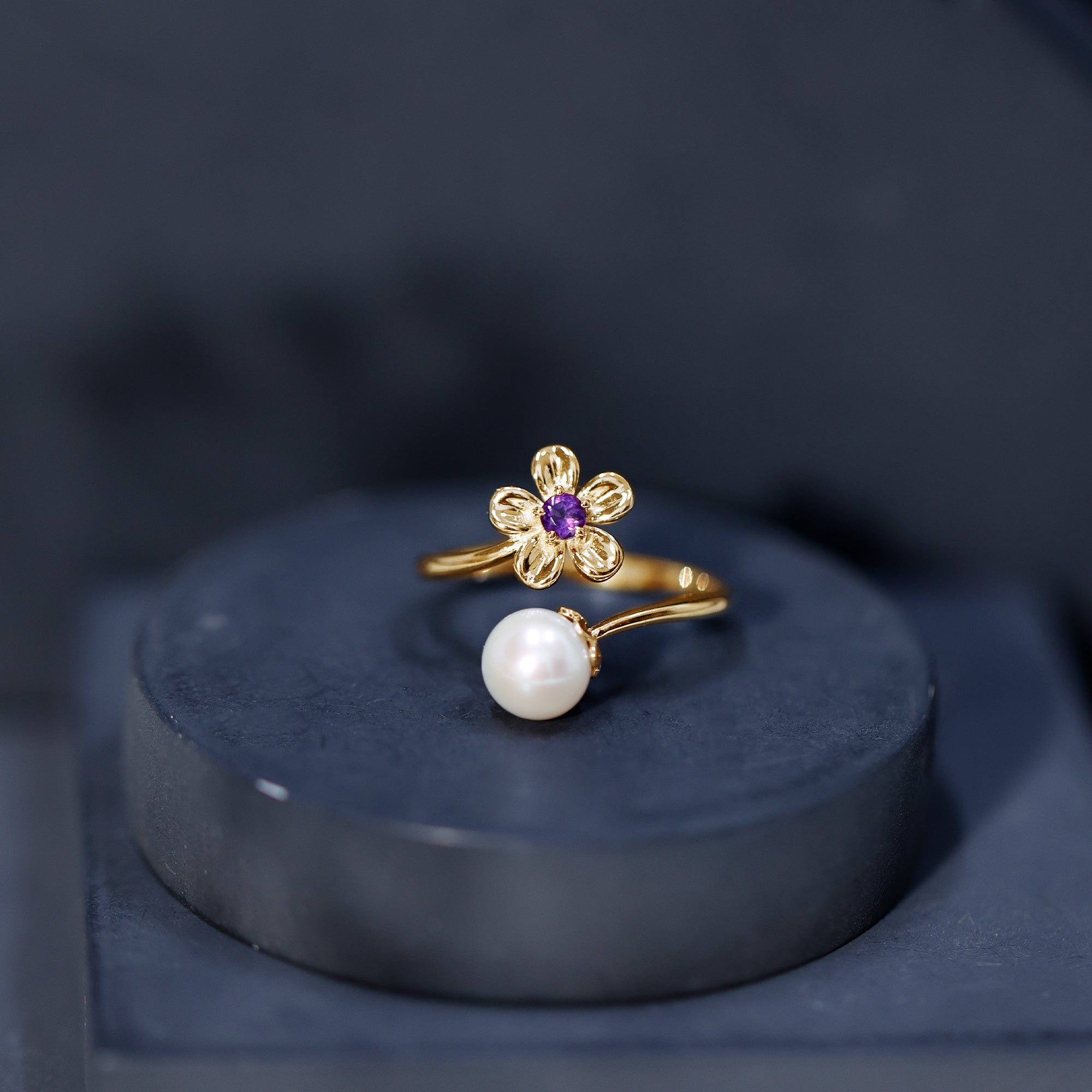 Cultured 3 Carat Freshwater Pearl Flower Ring with Amethyst AAA - Rosec Jewels