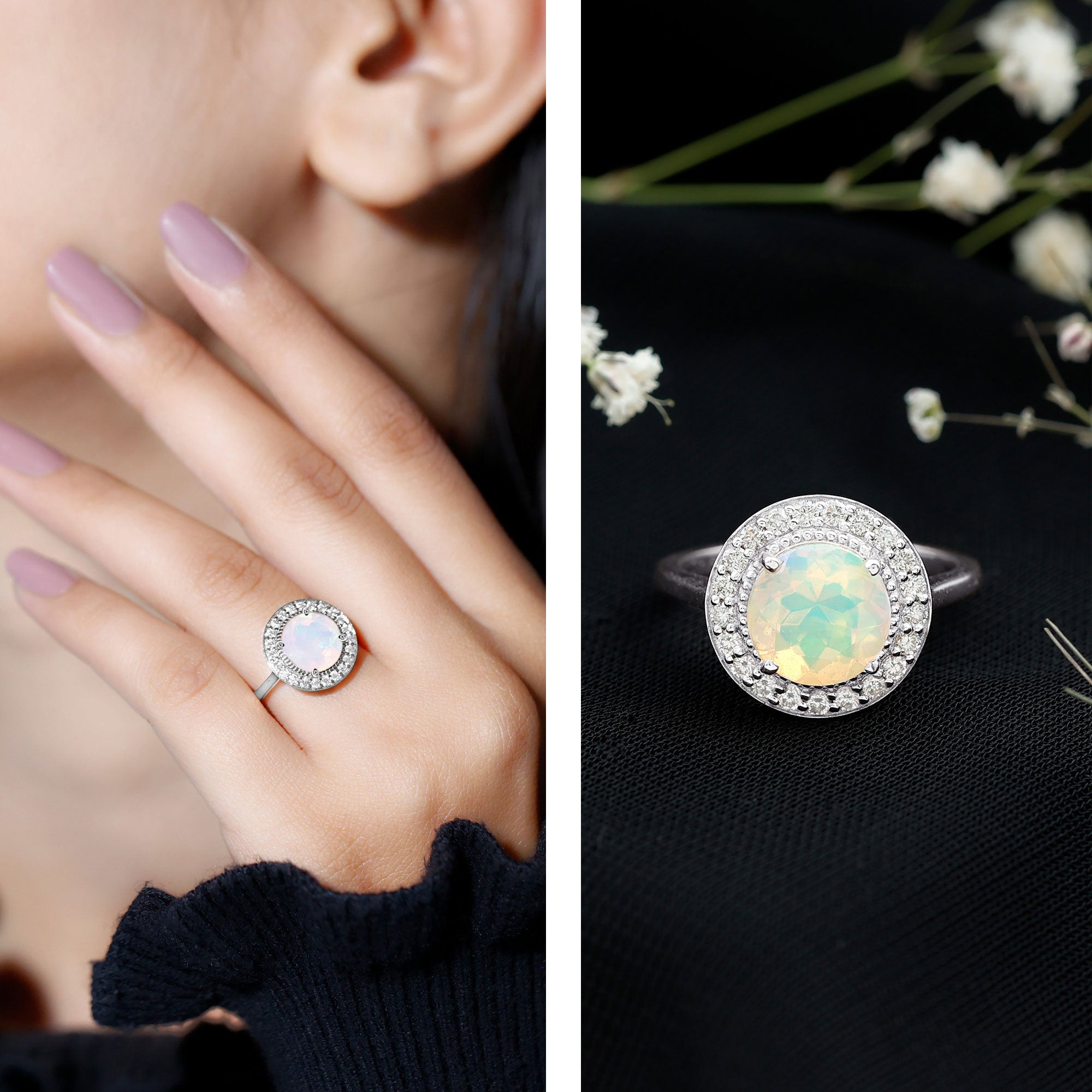 Vintage Inspired 8mm Ethiopian Opal Engagement Ring with Diamond Halo AAA - Rosec Jewels