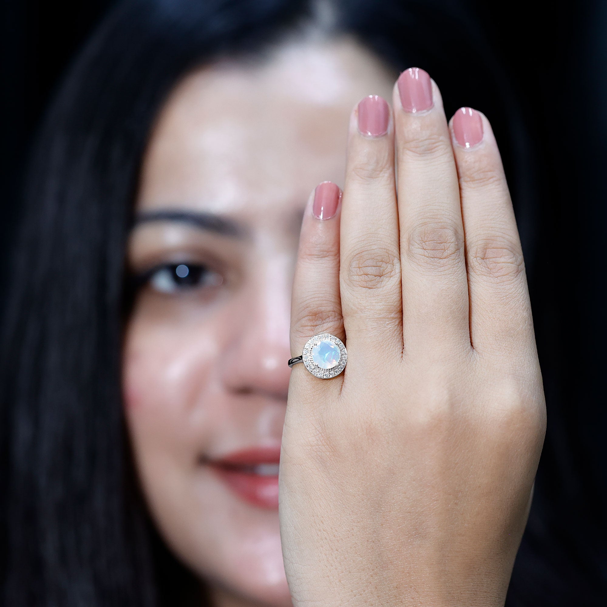 Vintage Inspired 8mm Ethiopian Opal Engagement Ring with Diamond Halo AAA - Rosec Jewels
