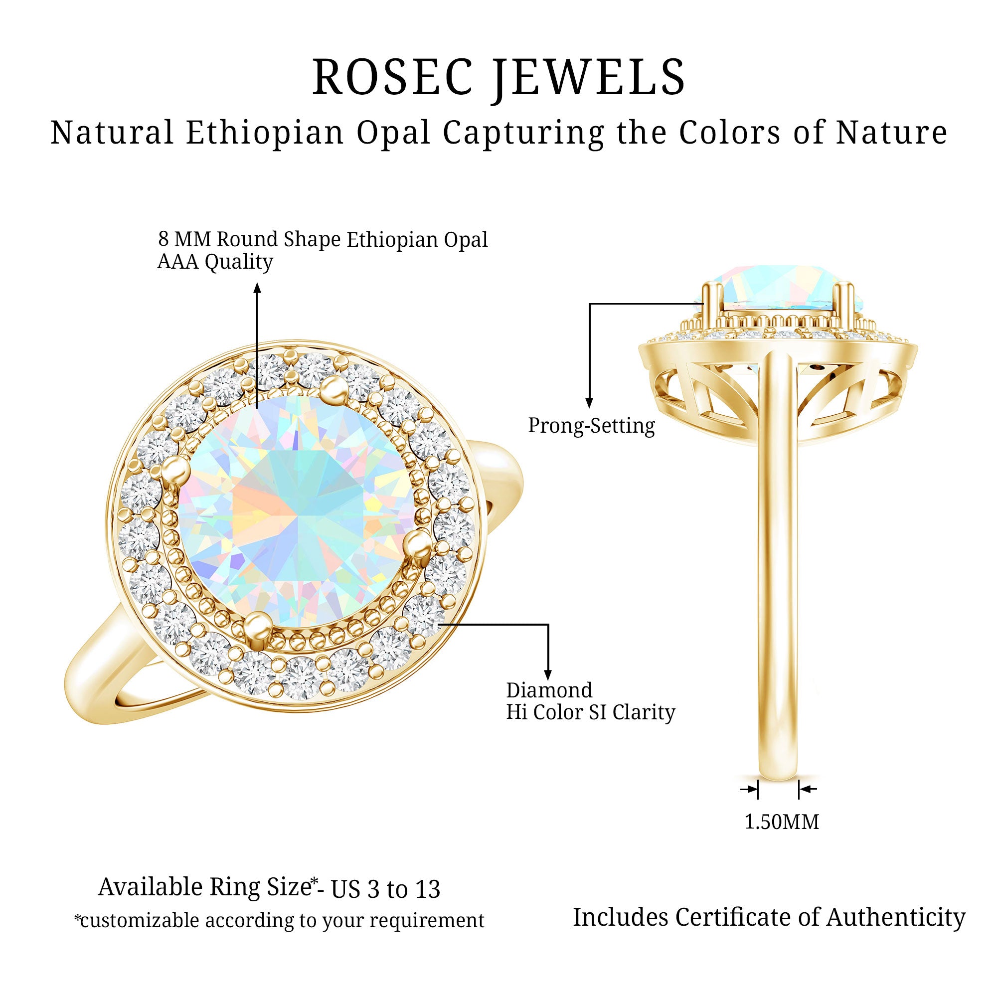 Vintage Inspired 8mm Ethiopian Opal Engagement Ring with Diamond Halo AAA - Rosec Jewels