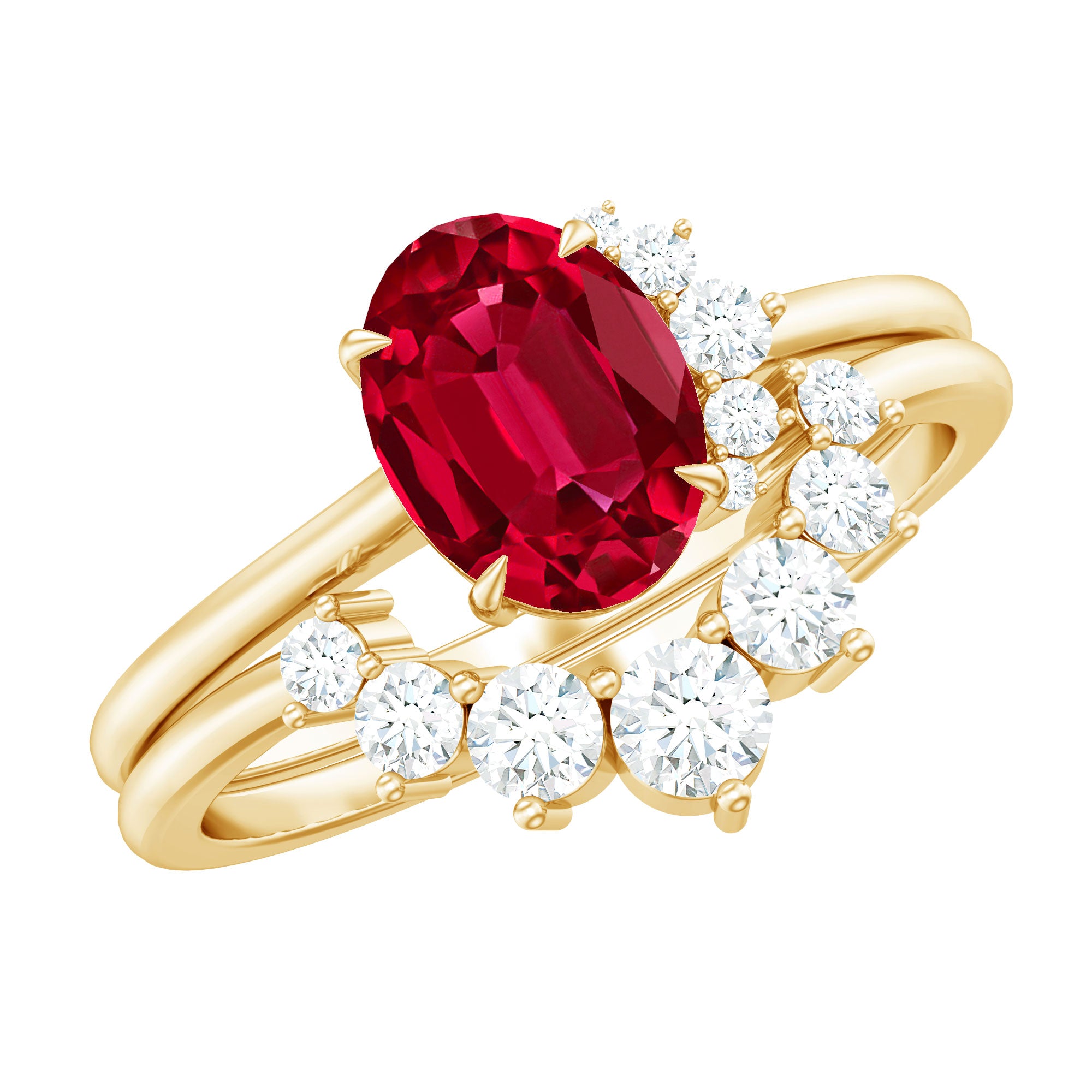 Oval Created Ruby Solitaire Wedding Ring Set with Diamond AAAA - Rosec Jewels
