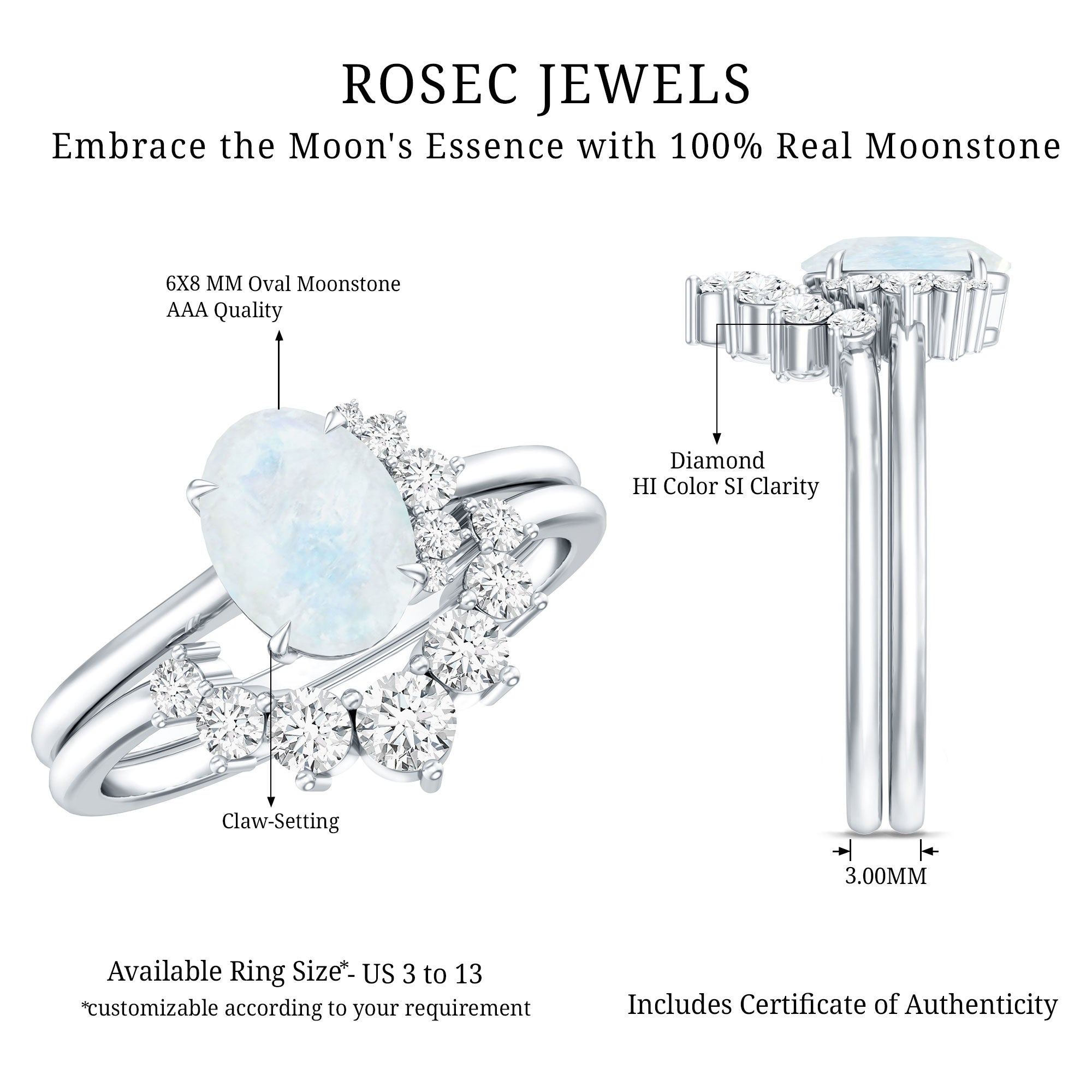 0.6 Carat Oval Moonstone and Diamond Engagement Ring Set AAA - Rosec Jewels