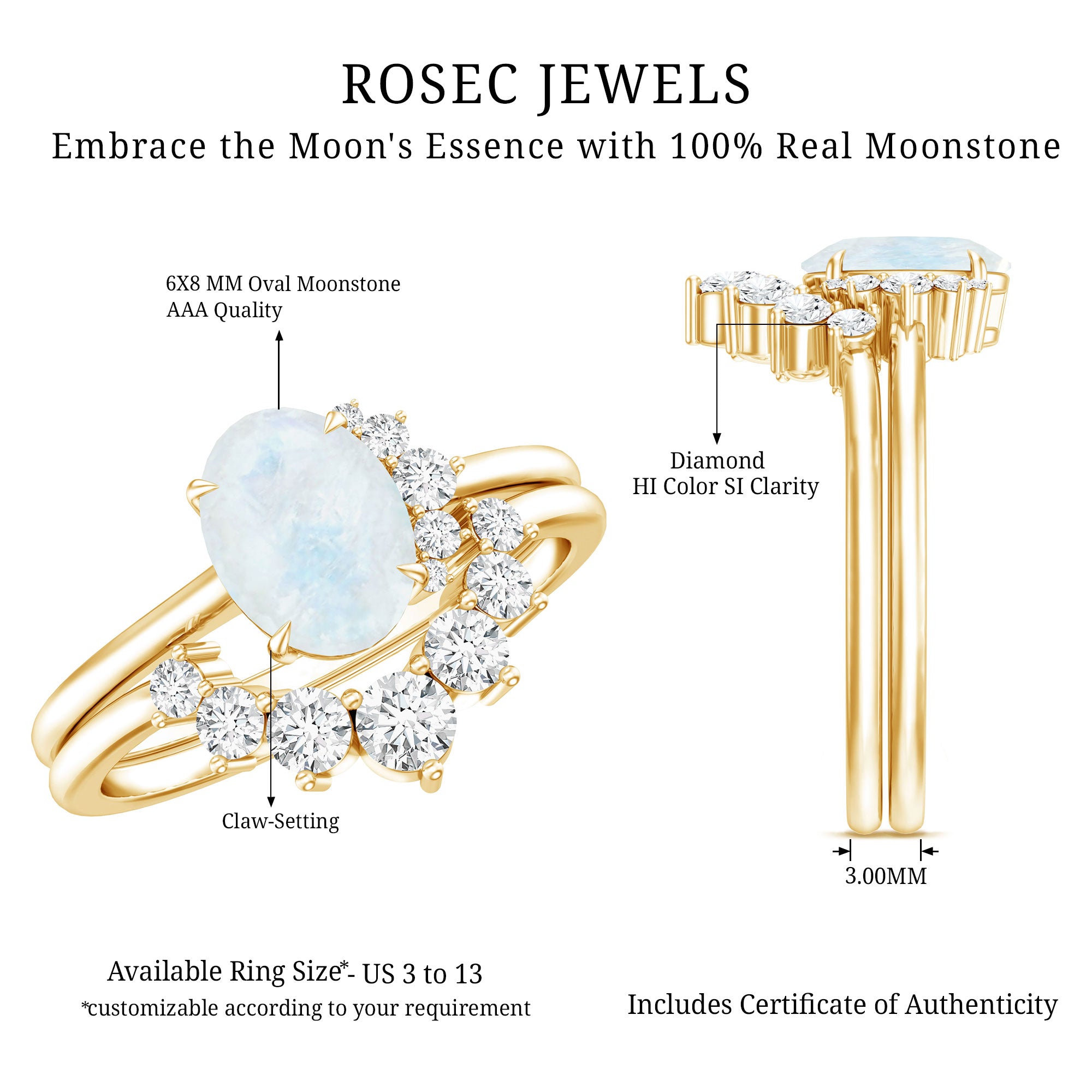 0.6 Carat Oval Moonstone and Diamond Engagement Ring Set AAA - Rosec Jewels