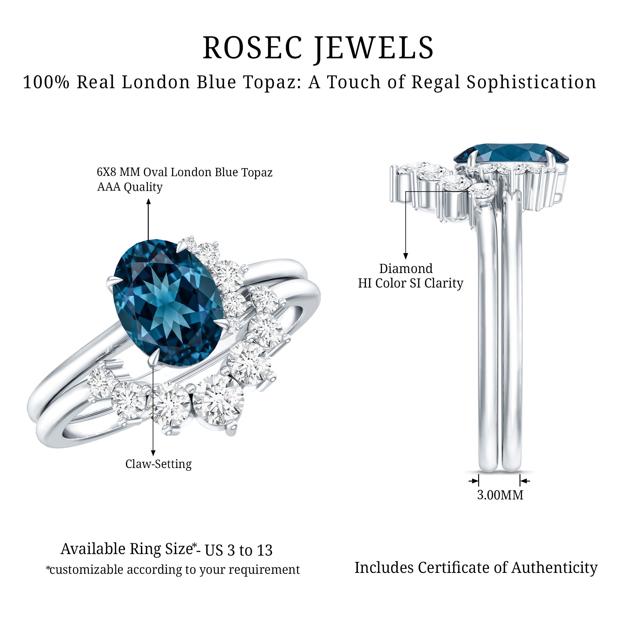 Oval London Blue Topaz and Diamond Designer Ring Set AAA - Rosec Jewels