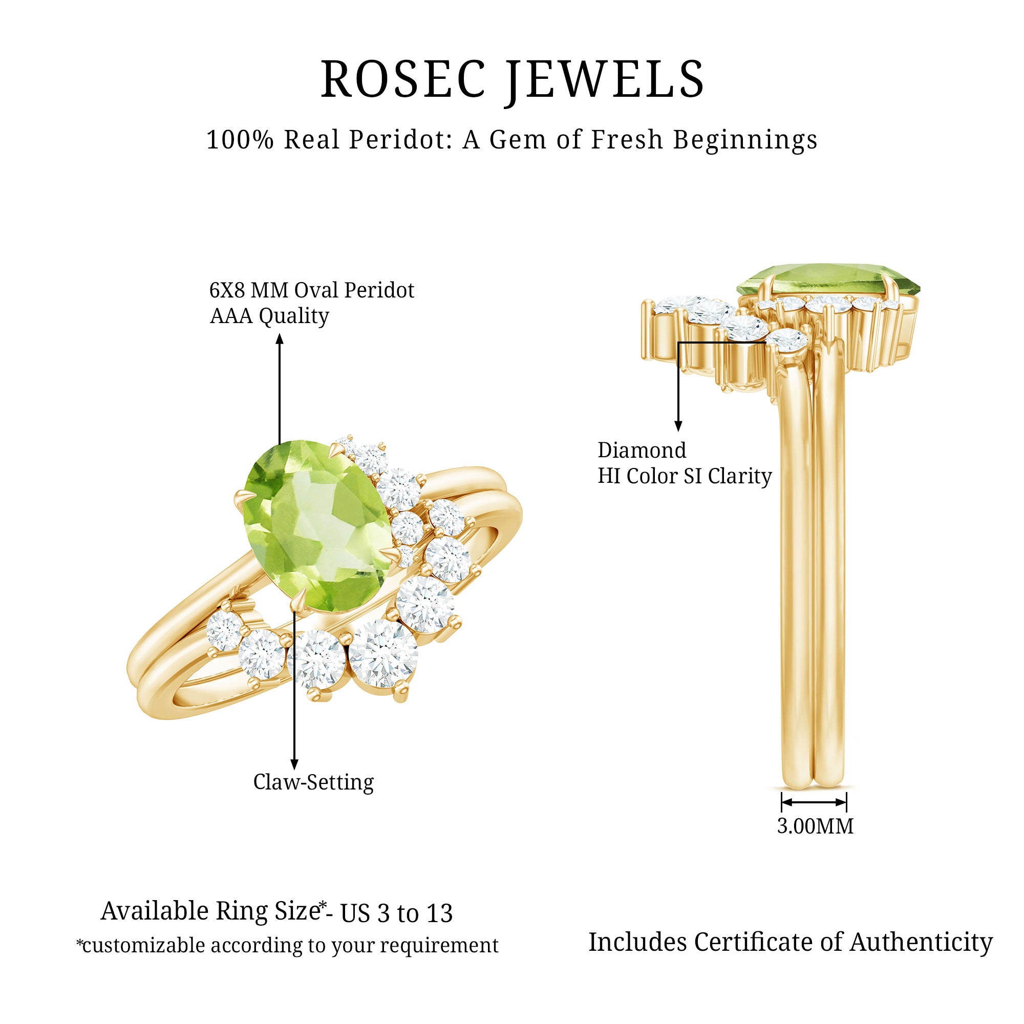 Rosec Jewels-Real 1 Carat Oval Peridot Engagement Ring with Diamond Wedding Band