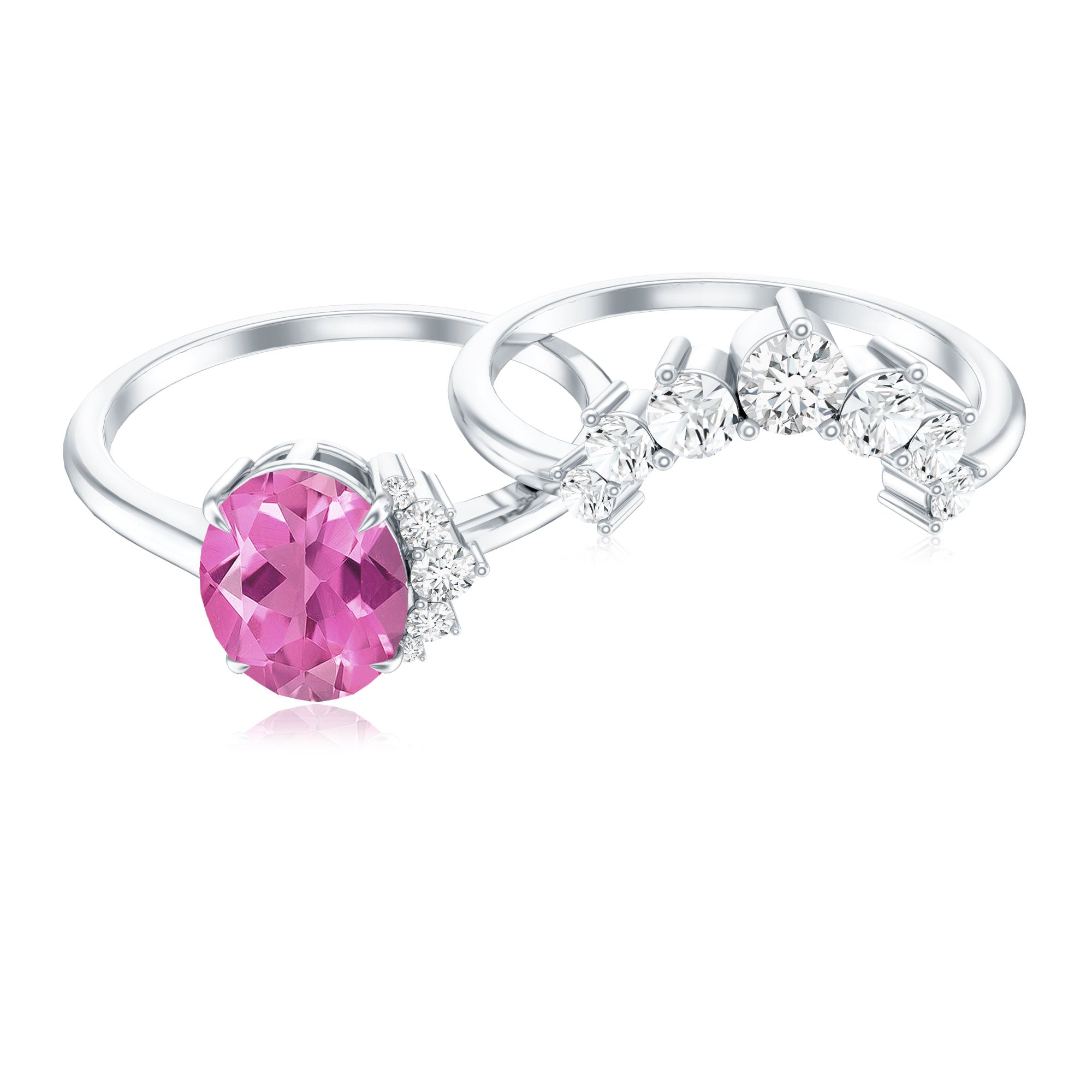 1 Carat Oval Pink Tourmaline and Diamond Wedding Ring Set AAA - Rosec Jewels