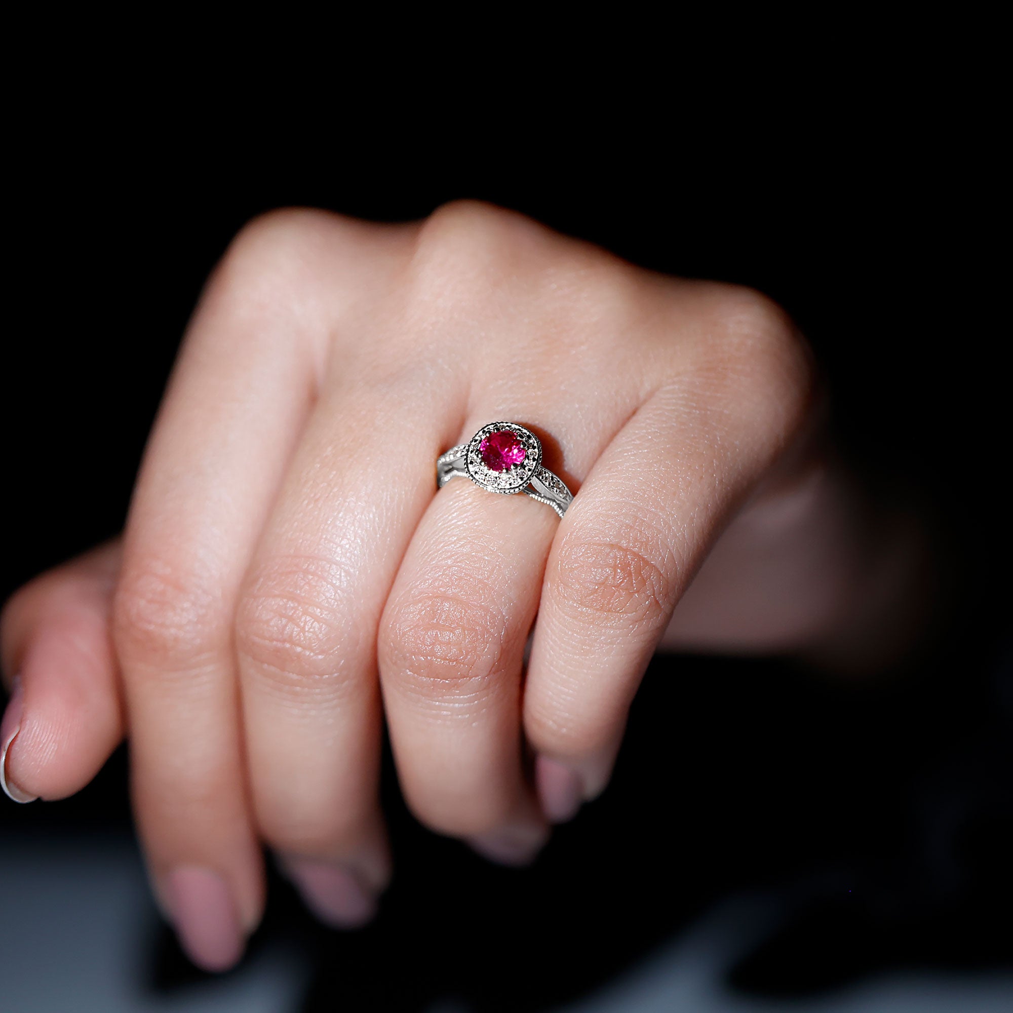 Rosec Jewels-Vintage Inspired Round Created Ruby Engagement Ring with Diamond Halo