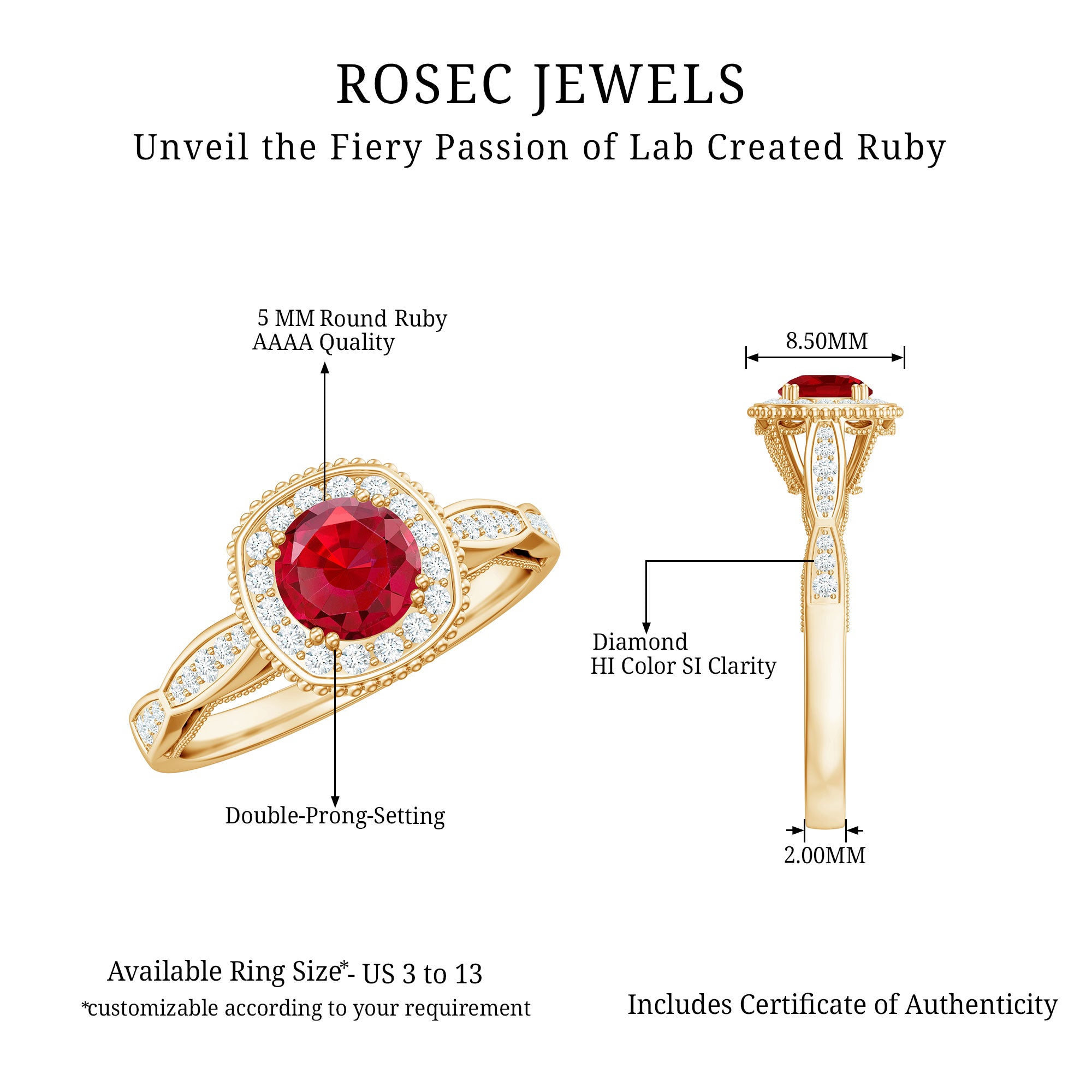 Rosec Jewels-Vintage Inspired Round Created Ruby Engagement Ring with Diamond Halo