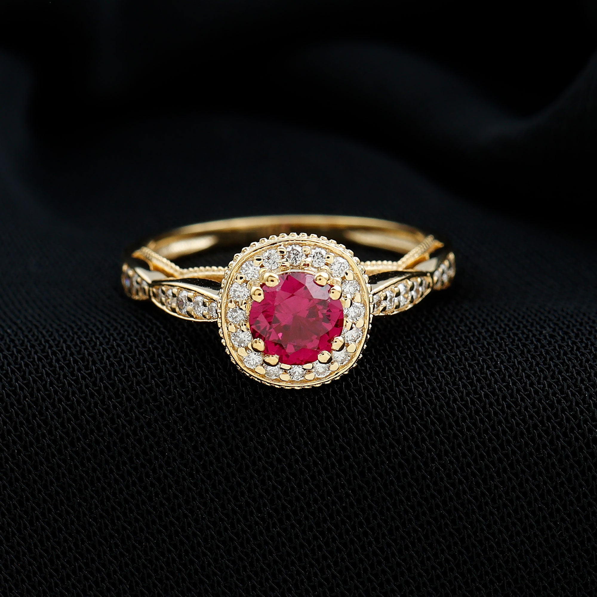 Rosec Jewels-Vintage Inspired Round Created Ruby Engagement Ring with Diamond Halo