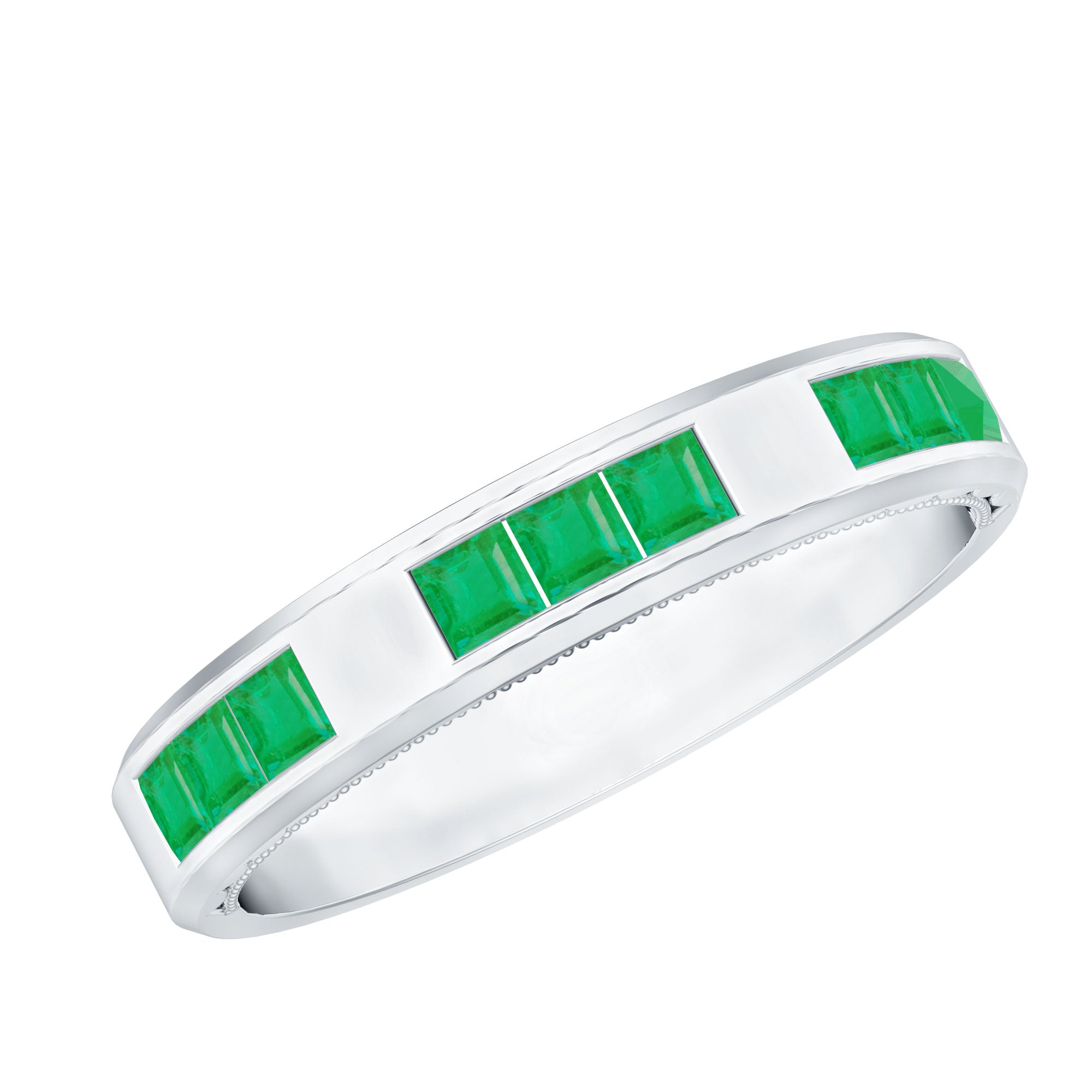 Princess Cut Emerald Mens Wedding Band in Channel Setting AAA - Rosec Jewels