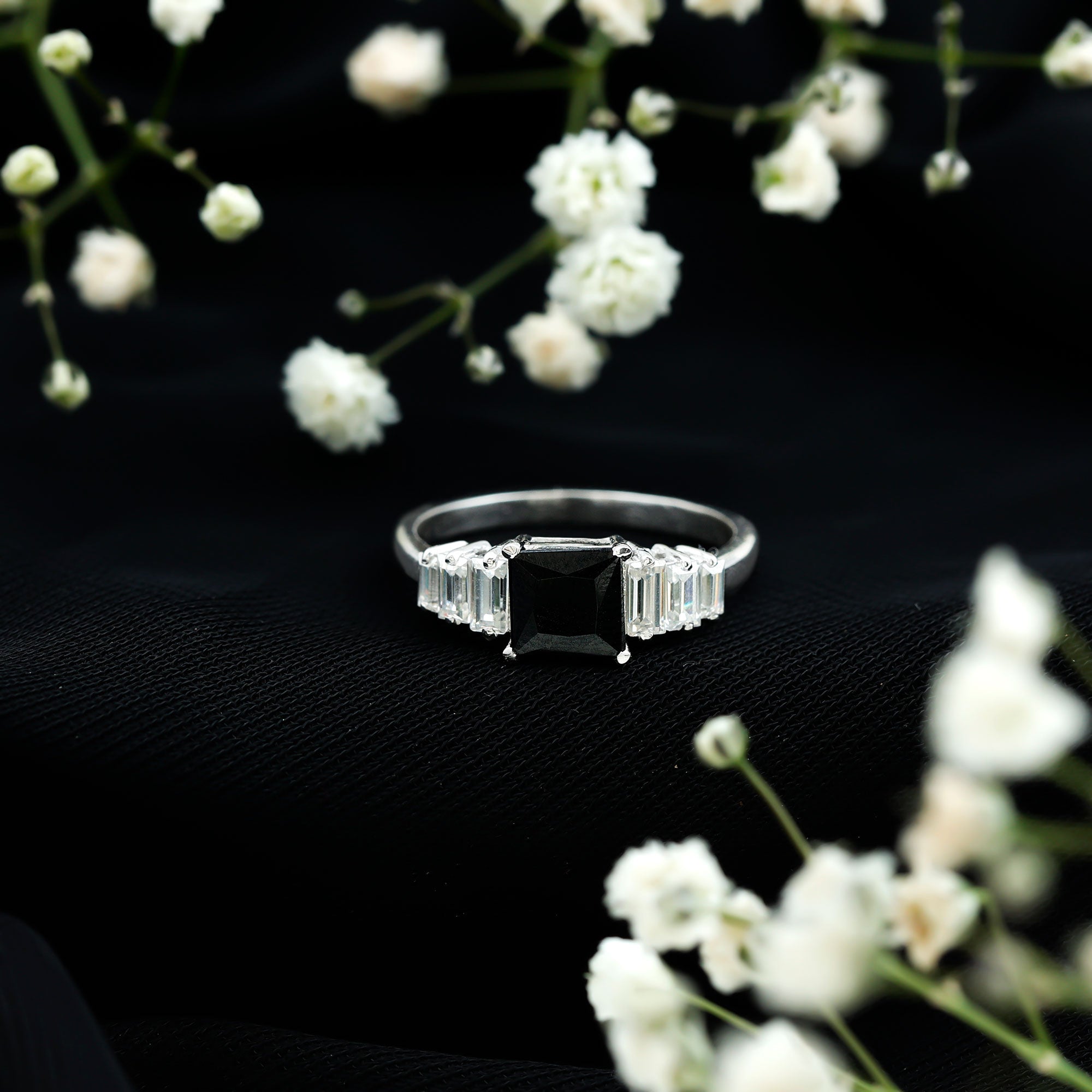 Asscher Cut Black Onyx Engagement Ring with Baguette Moissanite AAA - Rosec Jewels