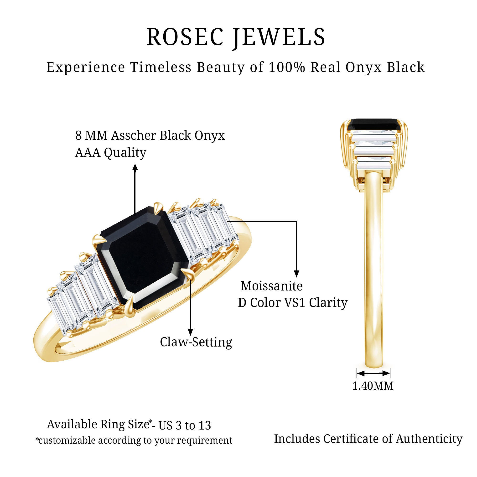 Asscher Cut Black Onyx Engagement Ring with Baguette Moissanite AAA - Rosec Jewels
