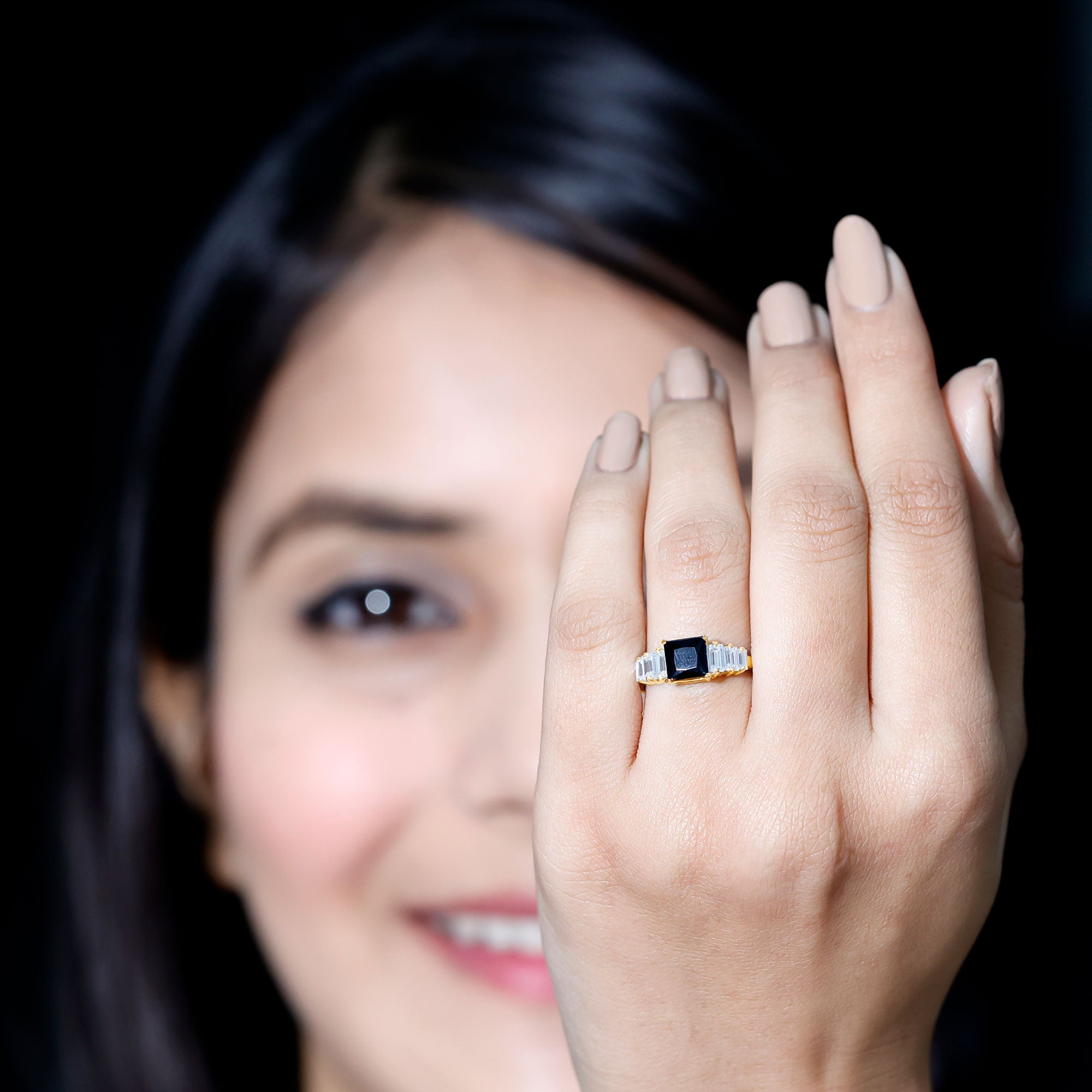 Asscher Cut Black Onyx Engagement Ring with Baguette Moissanite AAA - Rosec Jewels